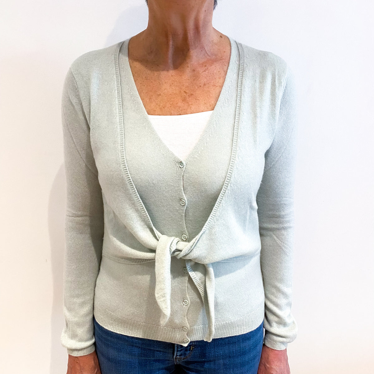 Palest Green V Neck Tie Cardigan Medium