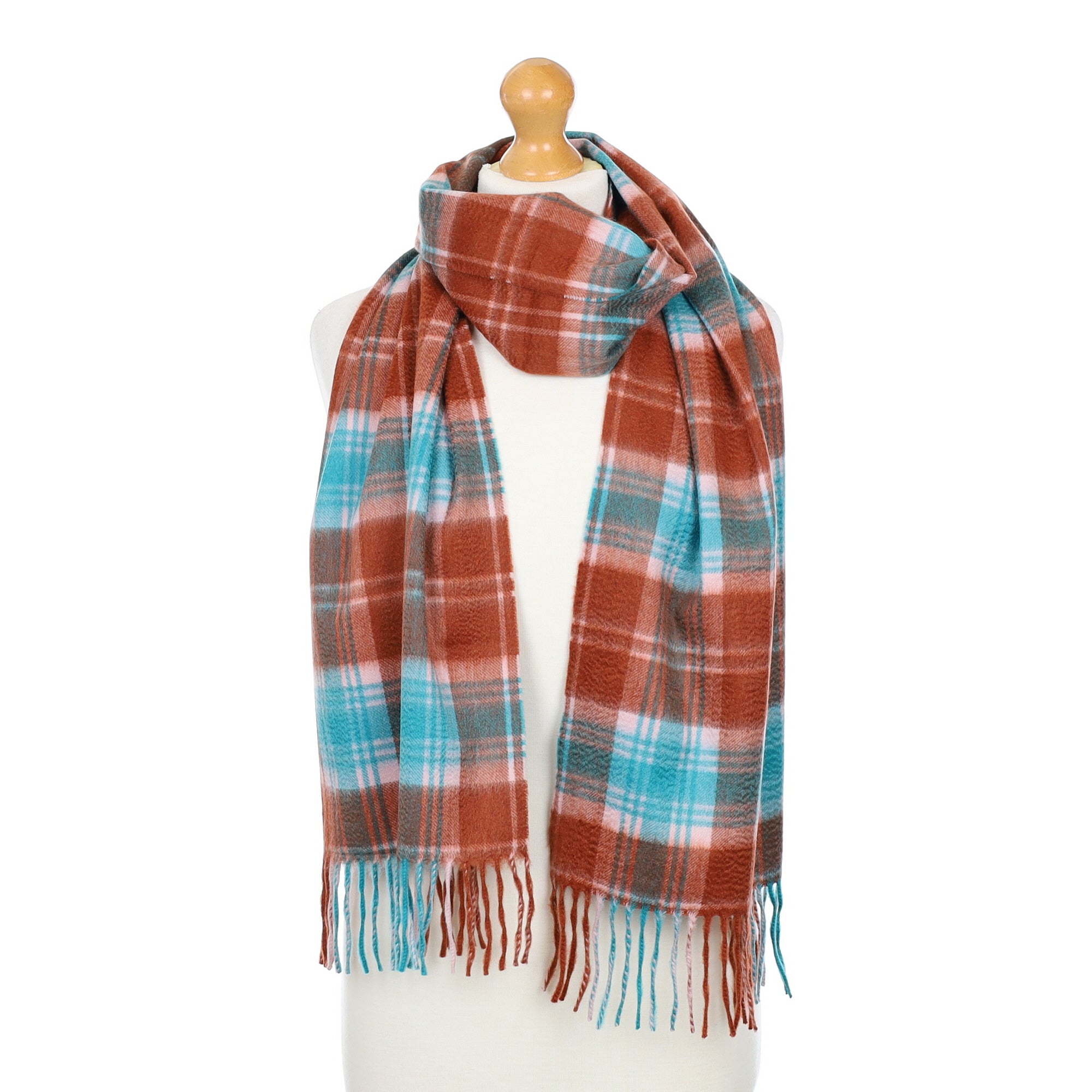 Scottish Begg & Co Turquoise and Rust Checked  Cashmere Luxury Woven Scarf