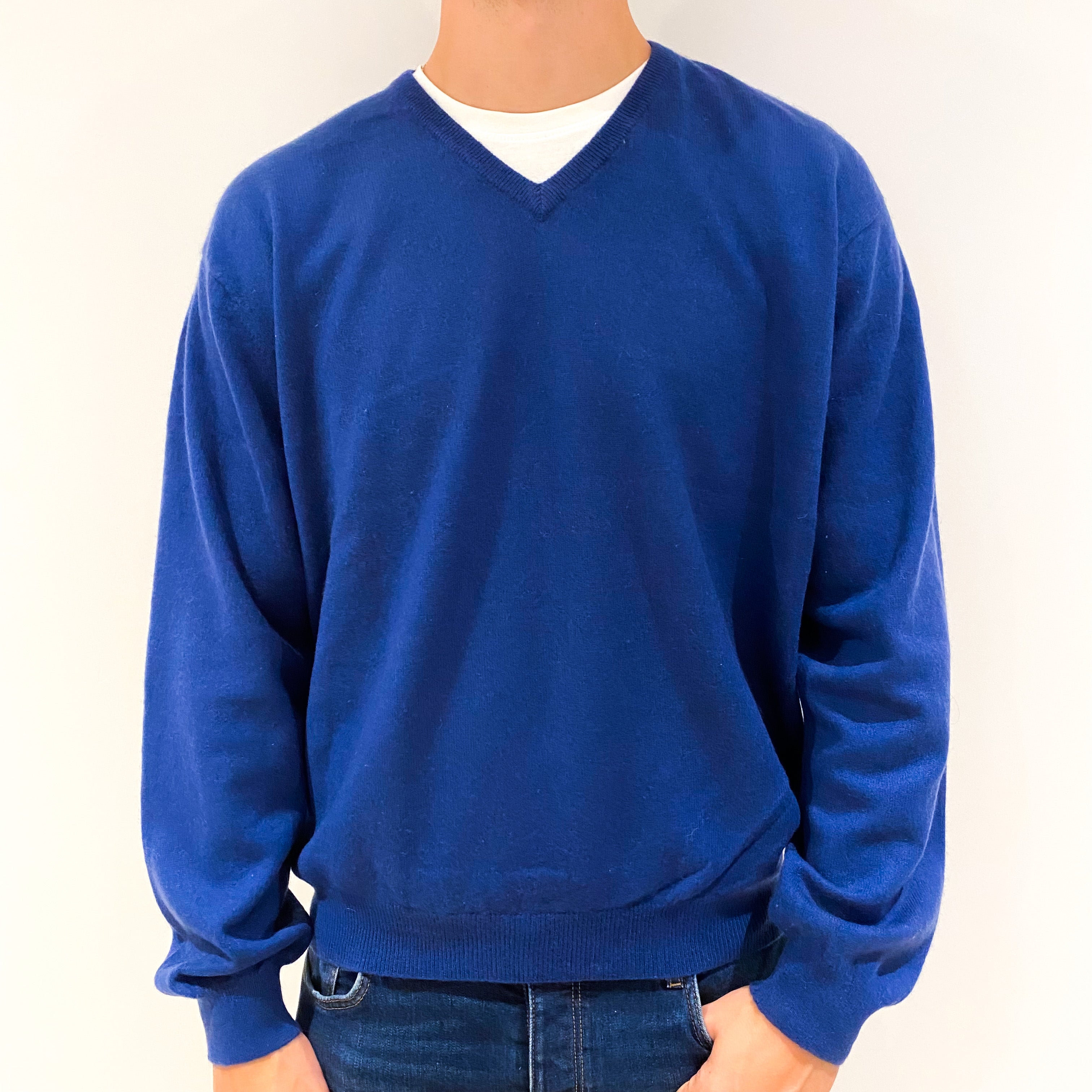 Men's Naval Blue Cashmere V-Neck Jumper Extra Extra Large