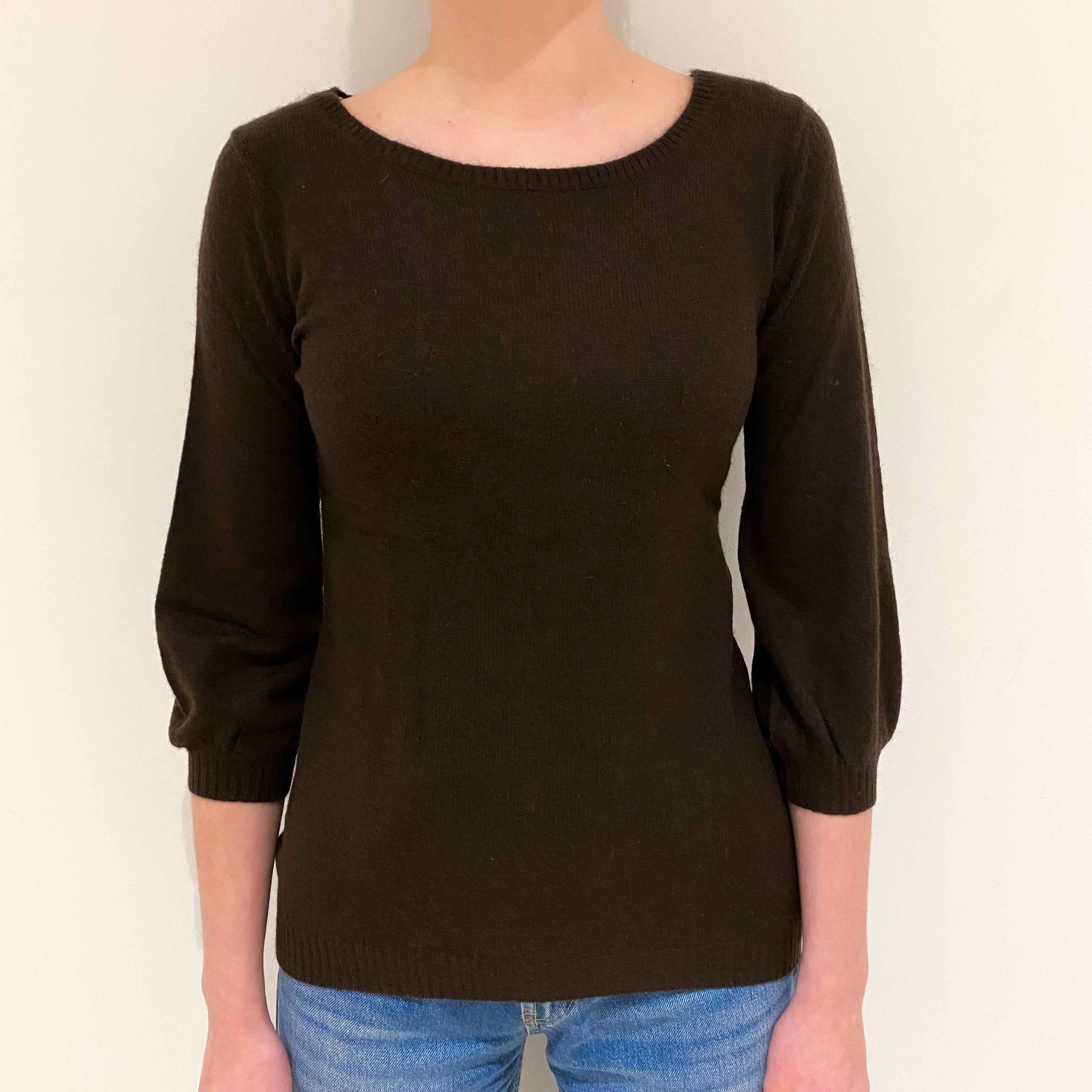 Chocolate Brown 3/4 Sleeve Cashmere Crew Neck Jumper Extra Small