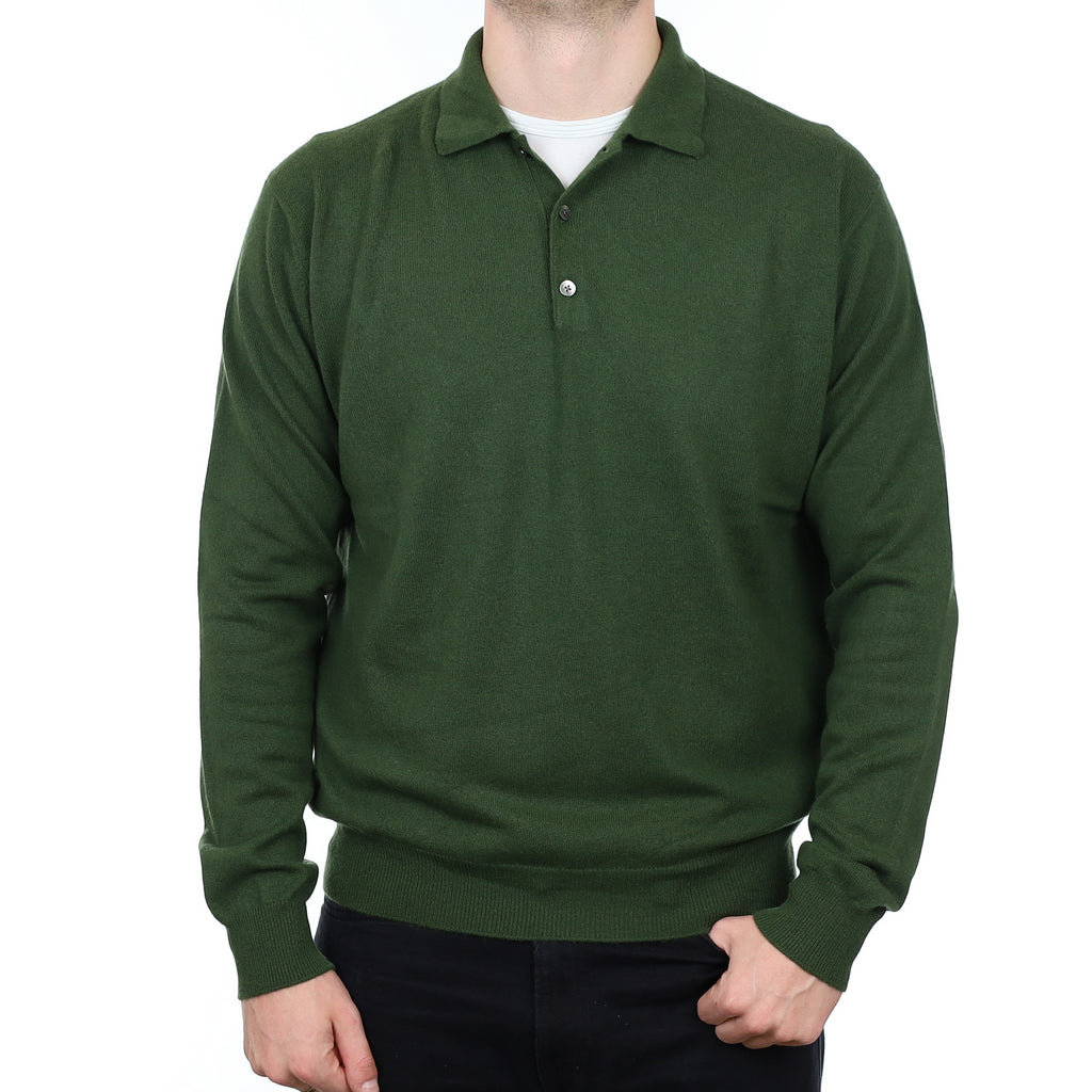 Men’s Yorn Basil Green Cashmere Collared 1/4 Buttoned Jumper XL