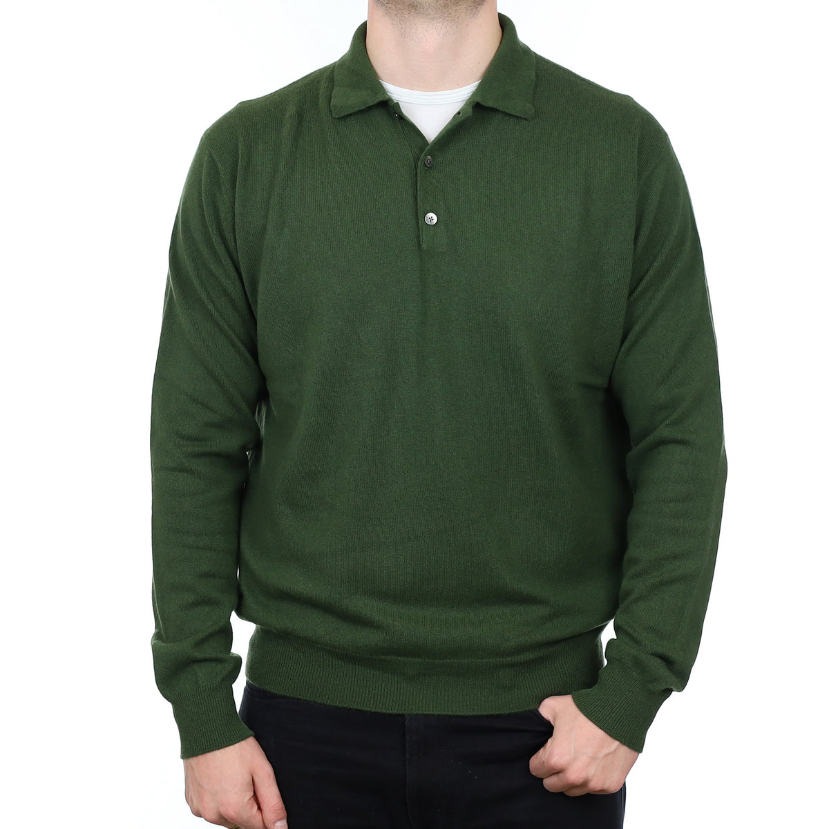 Men’s Yorn Basil Green Cashmere Collared 1/4 Buttoned Jumper XL