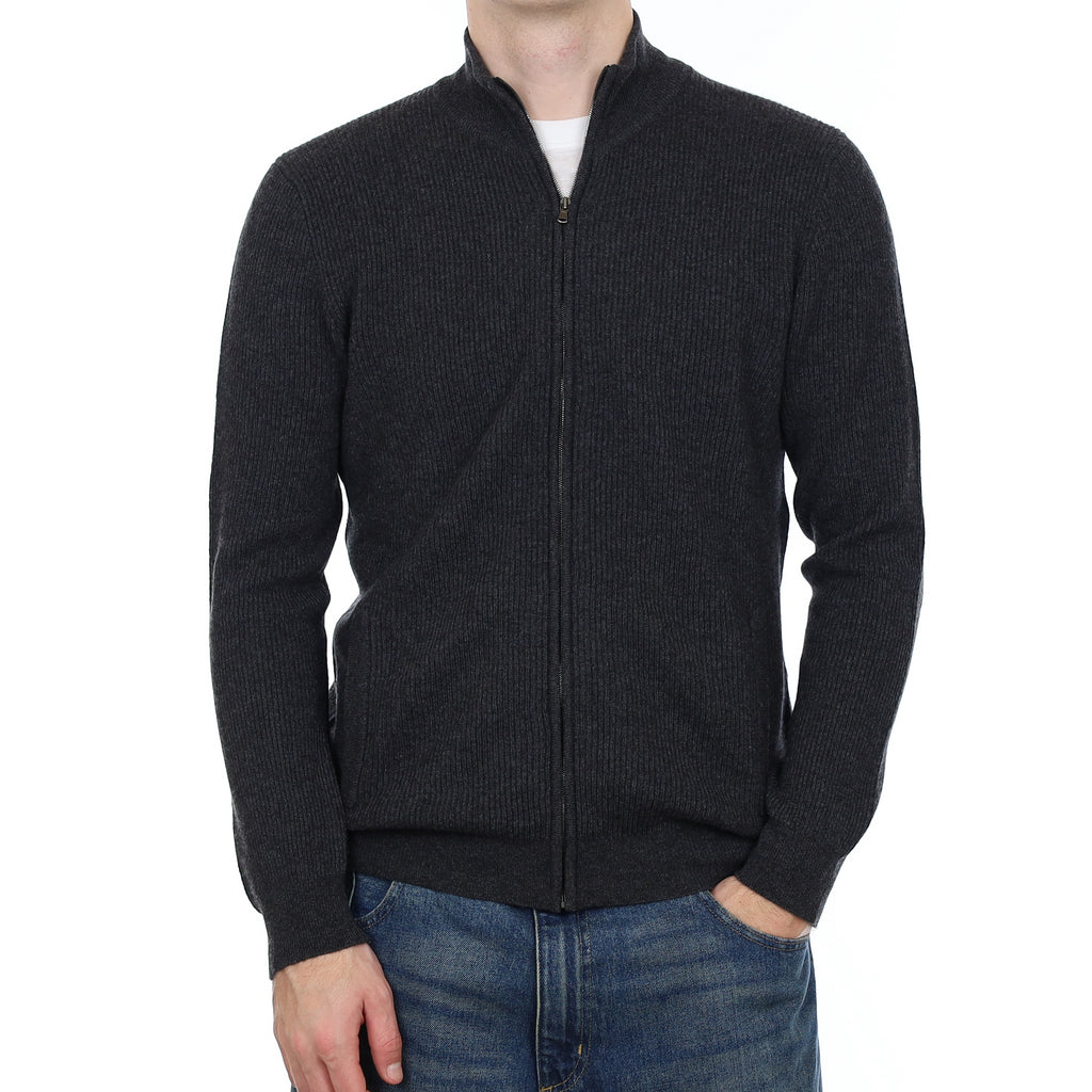Men’s Brand New Scottish Charcoal Grey Chunky Rib Cashmere Zip Up Cardigan with Pockets Large