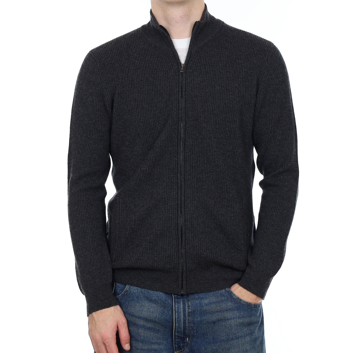 Men’s Brand New Scottish Charcoal Grey Chunky Rib Cashmere Zip Up Cardigan with Pockets Large