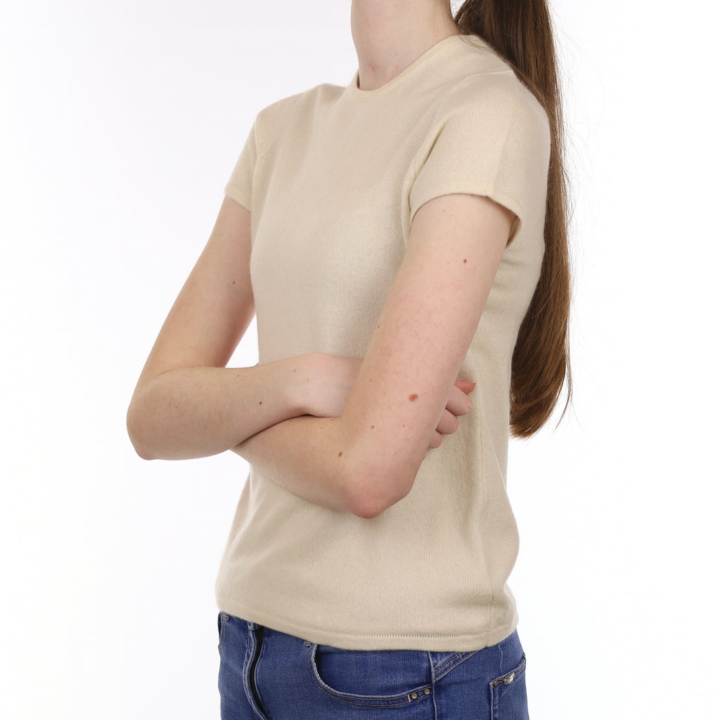 Honey Cream Cashmere Short Sleeved Crew Neck Jumper Extra Small