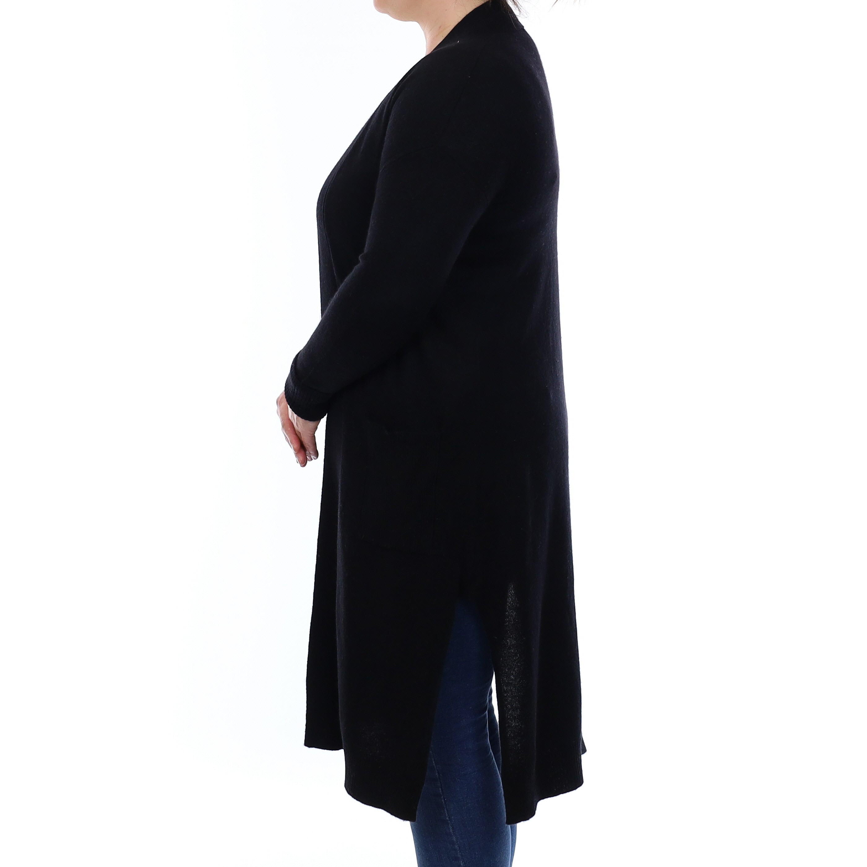 Black Cashmere Long Edge to Edge Cardigan with Pockets Large