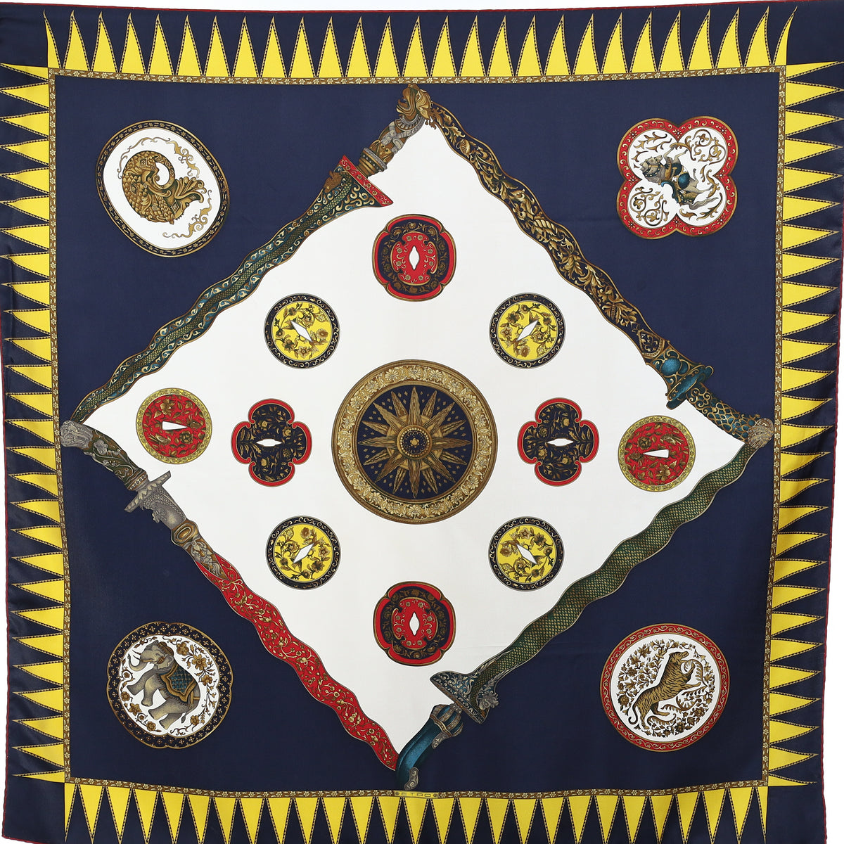 Etro Navy And Gold Ornate Patterned Silk Scarf