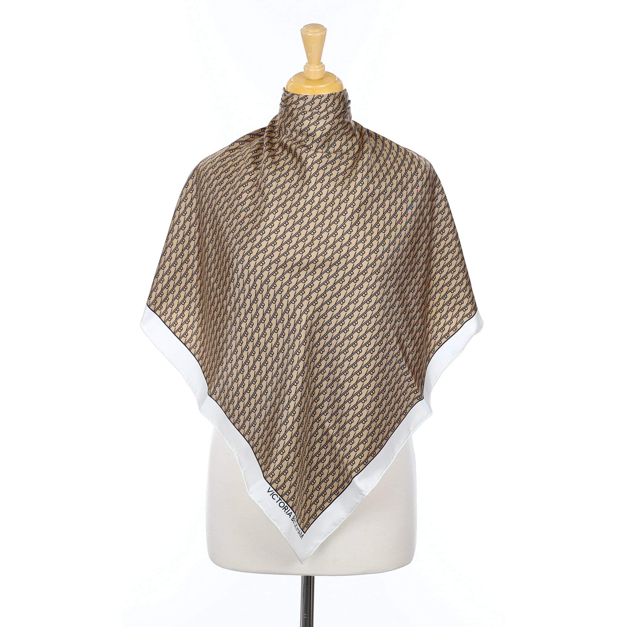 Boxed Victoria Beckham Camel, Black and Cream Silk Scarf