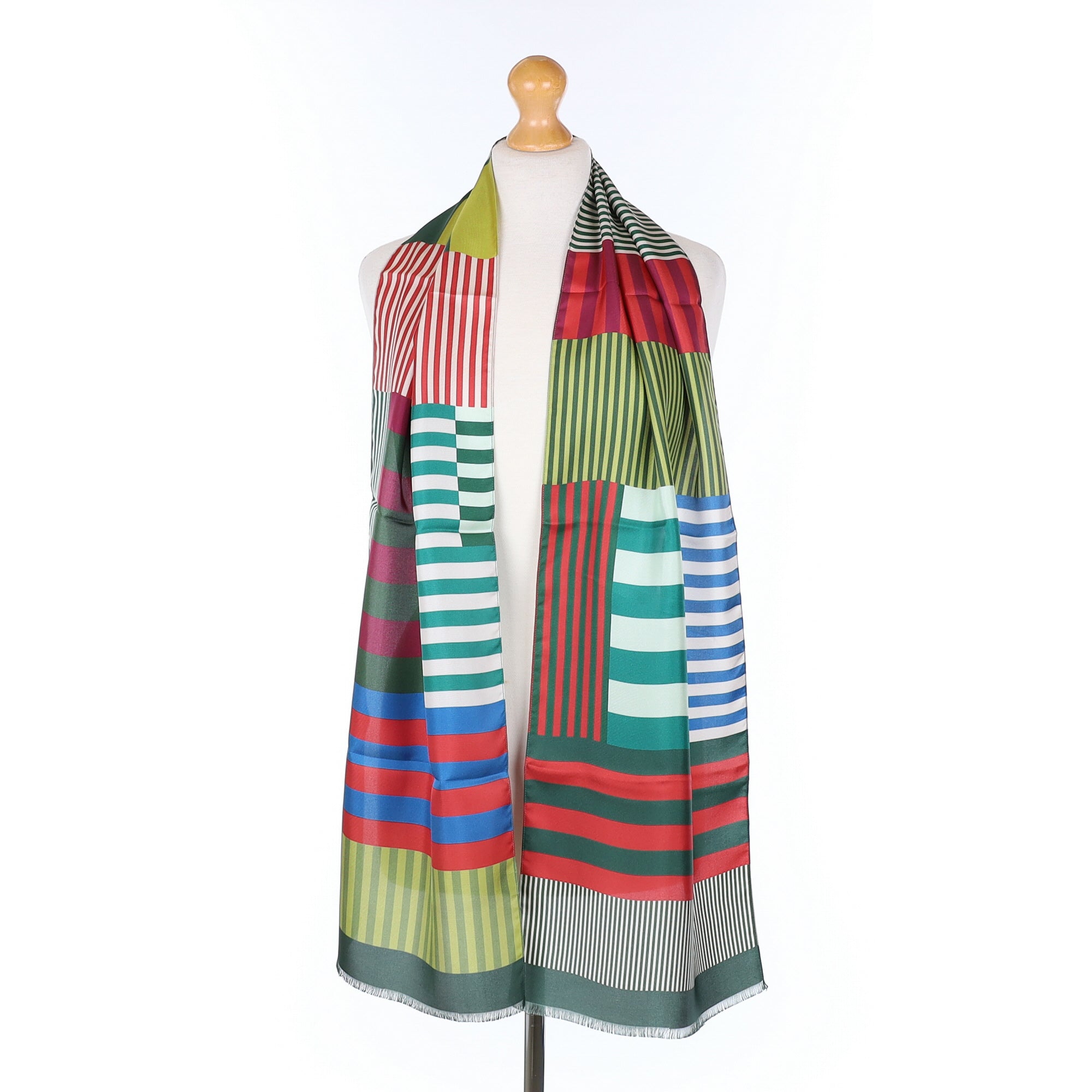 Brand New Italian Green Striped Colour Block Silk Scarf