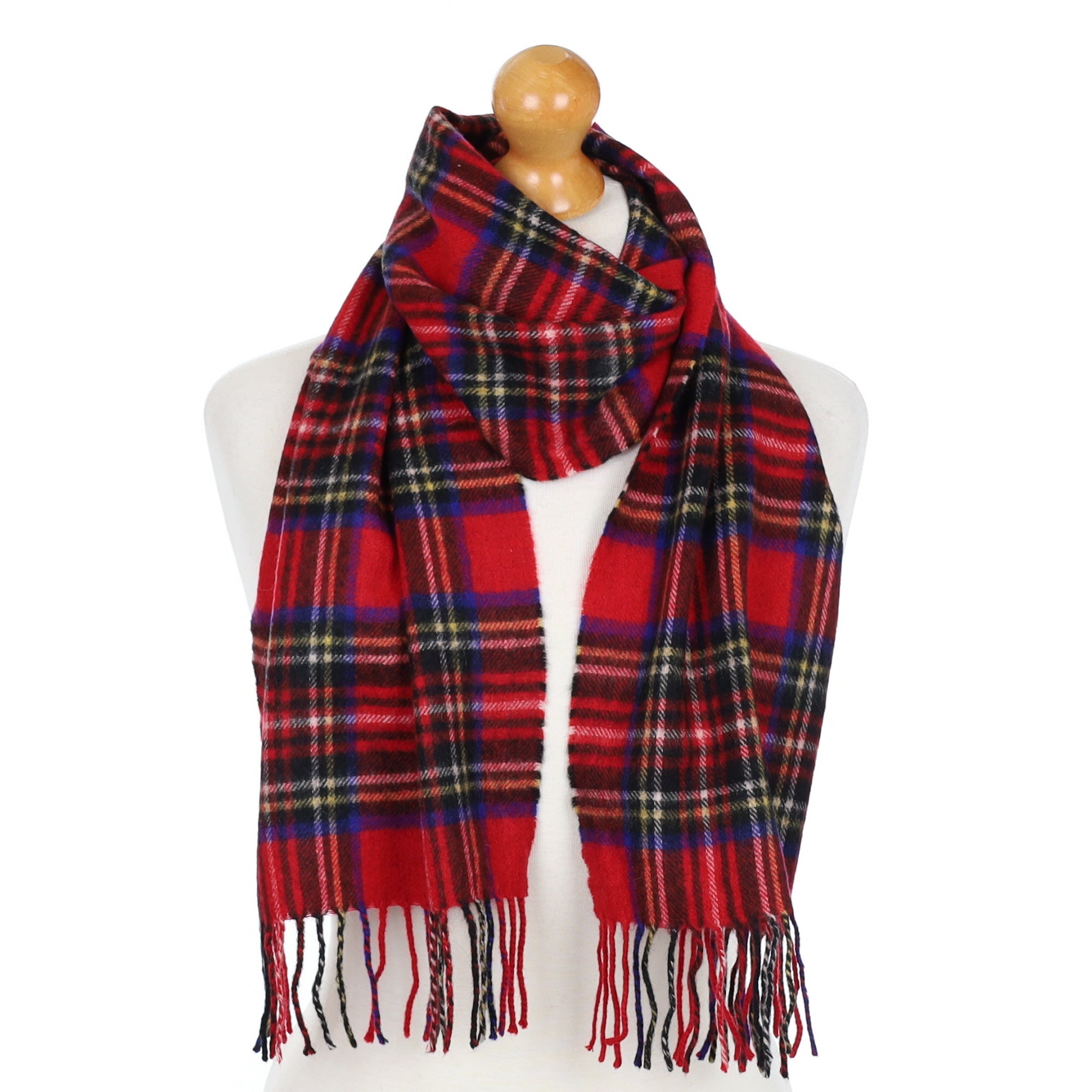 Red Tartan Fringed Cashmere Woven Scarf
