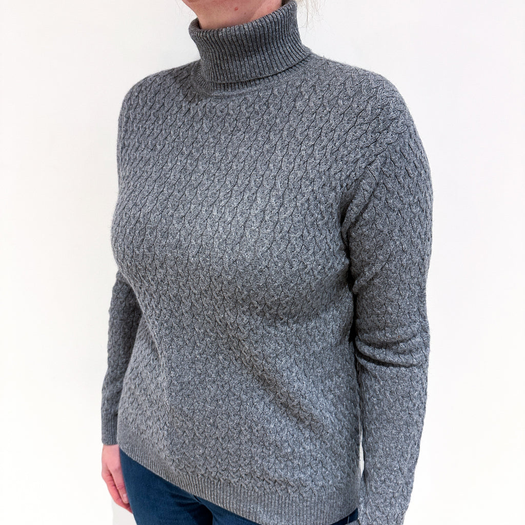 Steel Grey Cable Cashmere Polo Neck Jumper Large