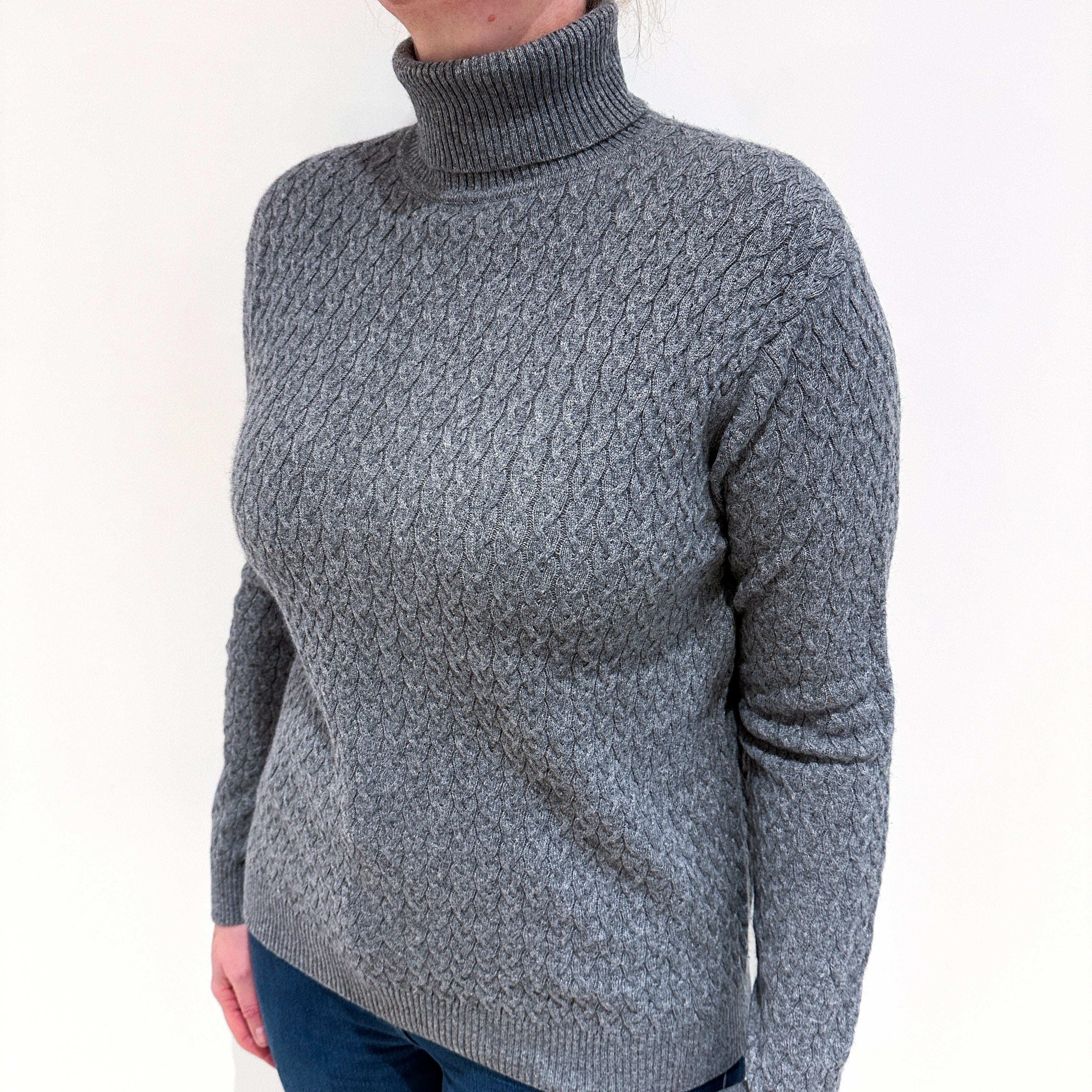Steel Grey Cable Cashmere Polo Neck Jumper Large