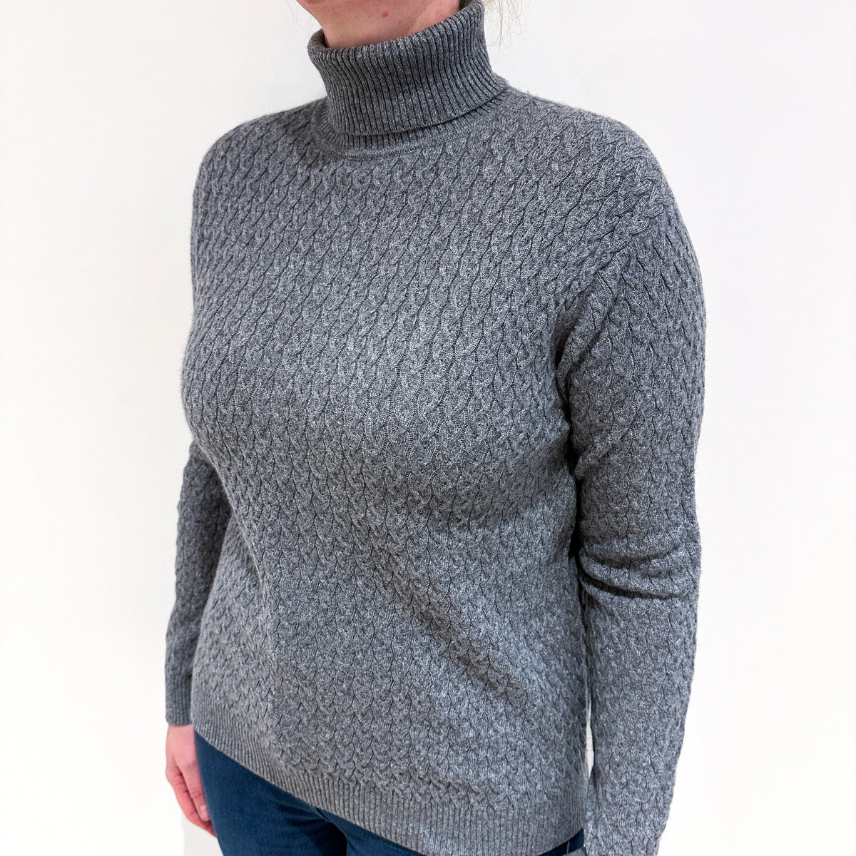 Steel Grey Cable Cashmere Polo Neck Jumper Large