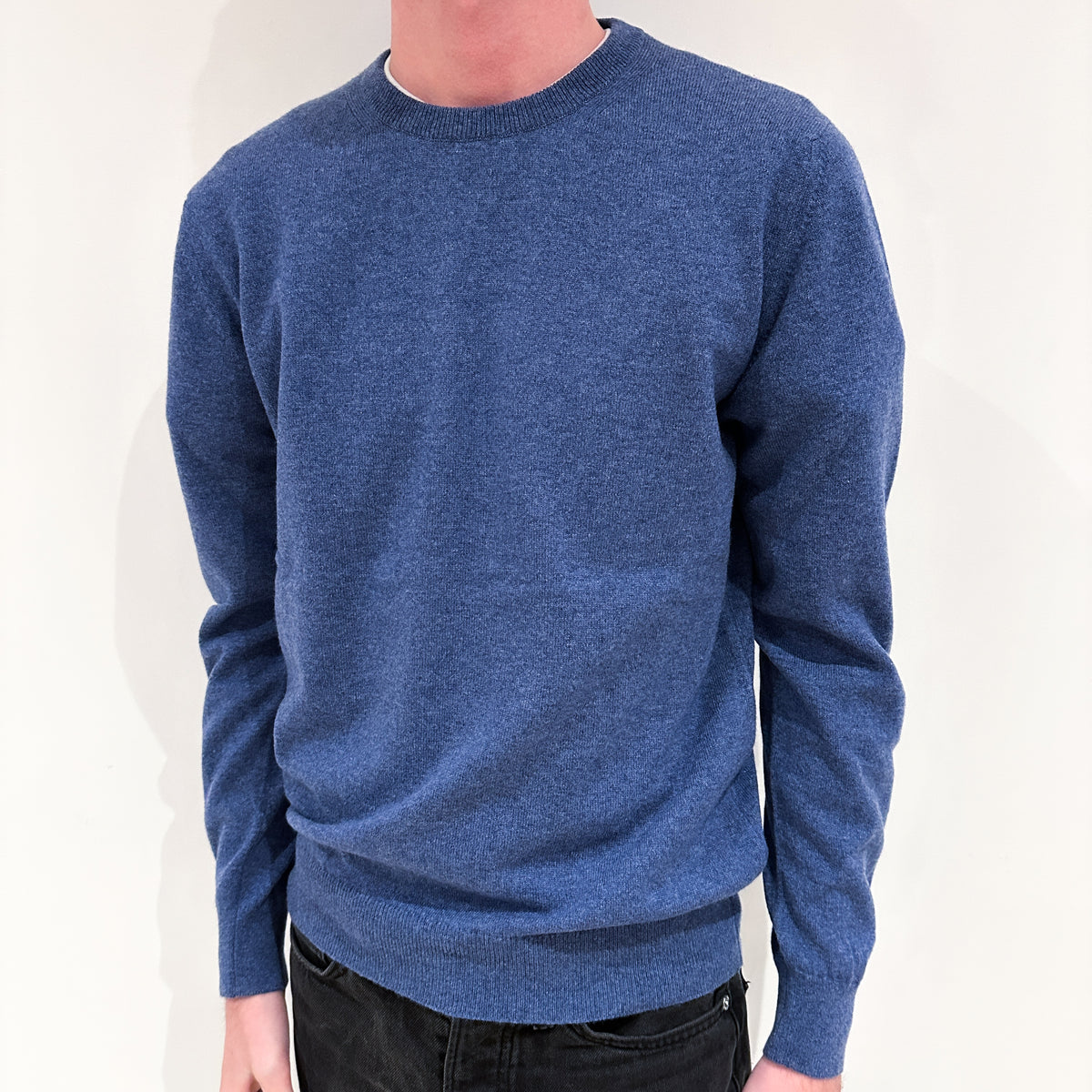 Men's Brand New Scottish Denim Blue Cashmere Crew Neck Jumper Small