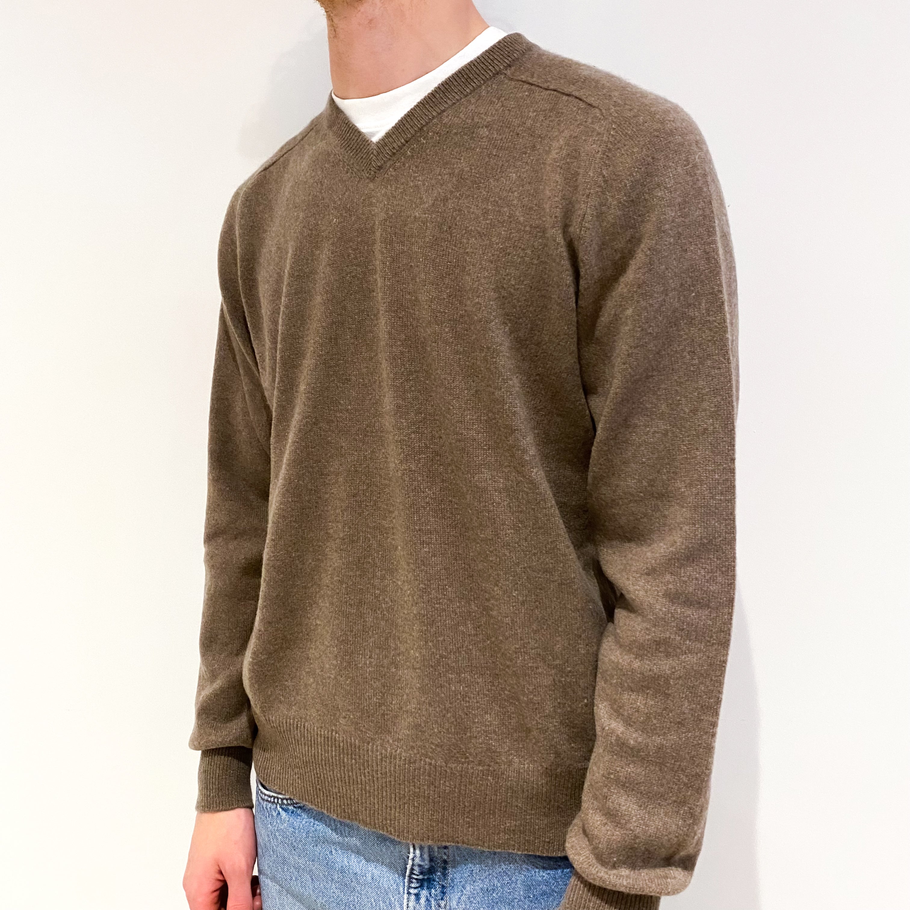 Men's Taupe Brown Cashmere V-Neck Jumper Medium