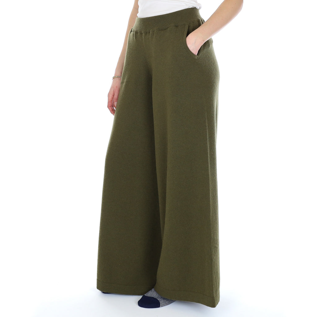 Brand New Scottish Olive Green Cashmere Extra Wide Leg Lounge Pants Small
