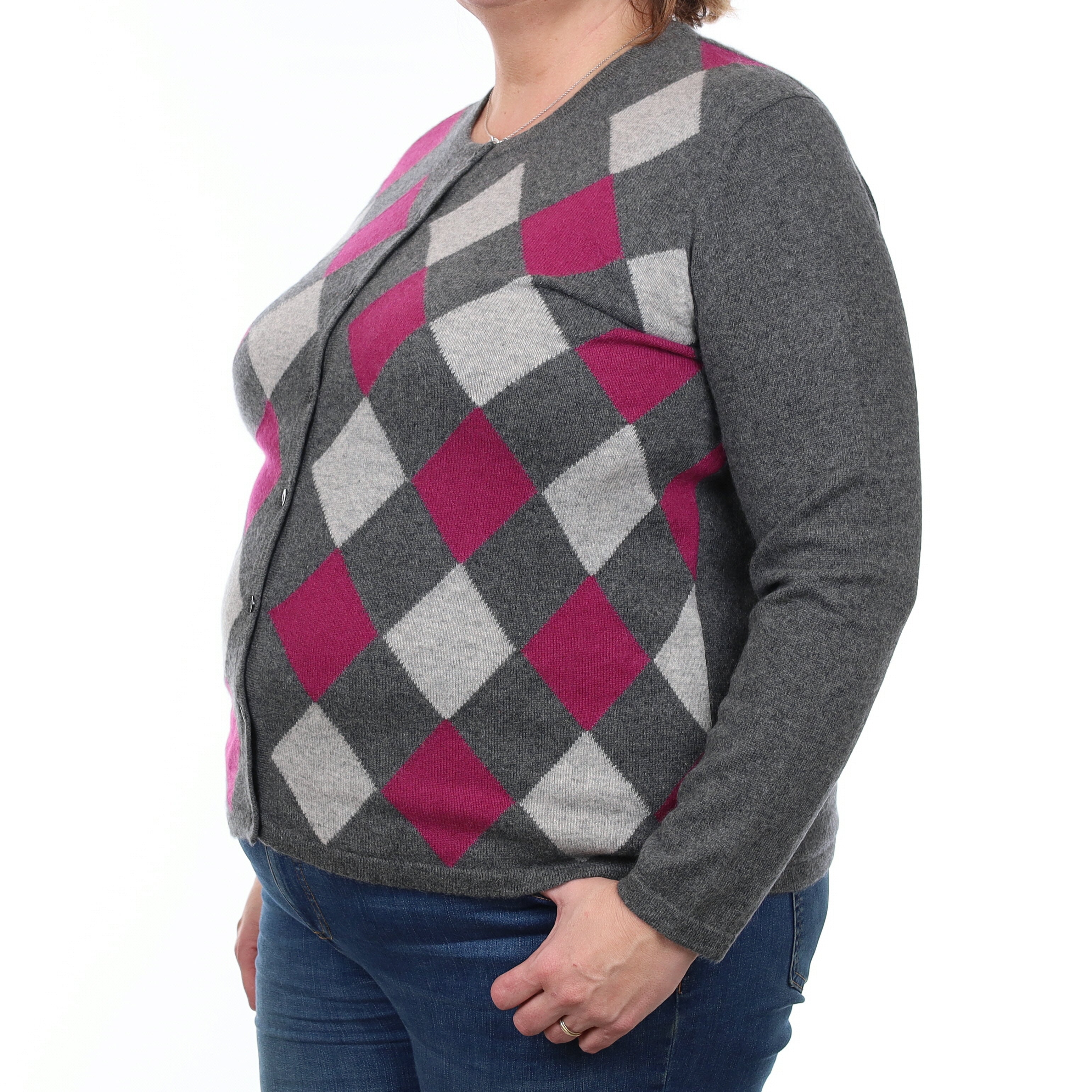 Grey and Magenta Argyle Cashmere Crew Neck Cardigan Extra Large