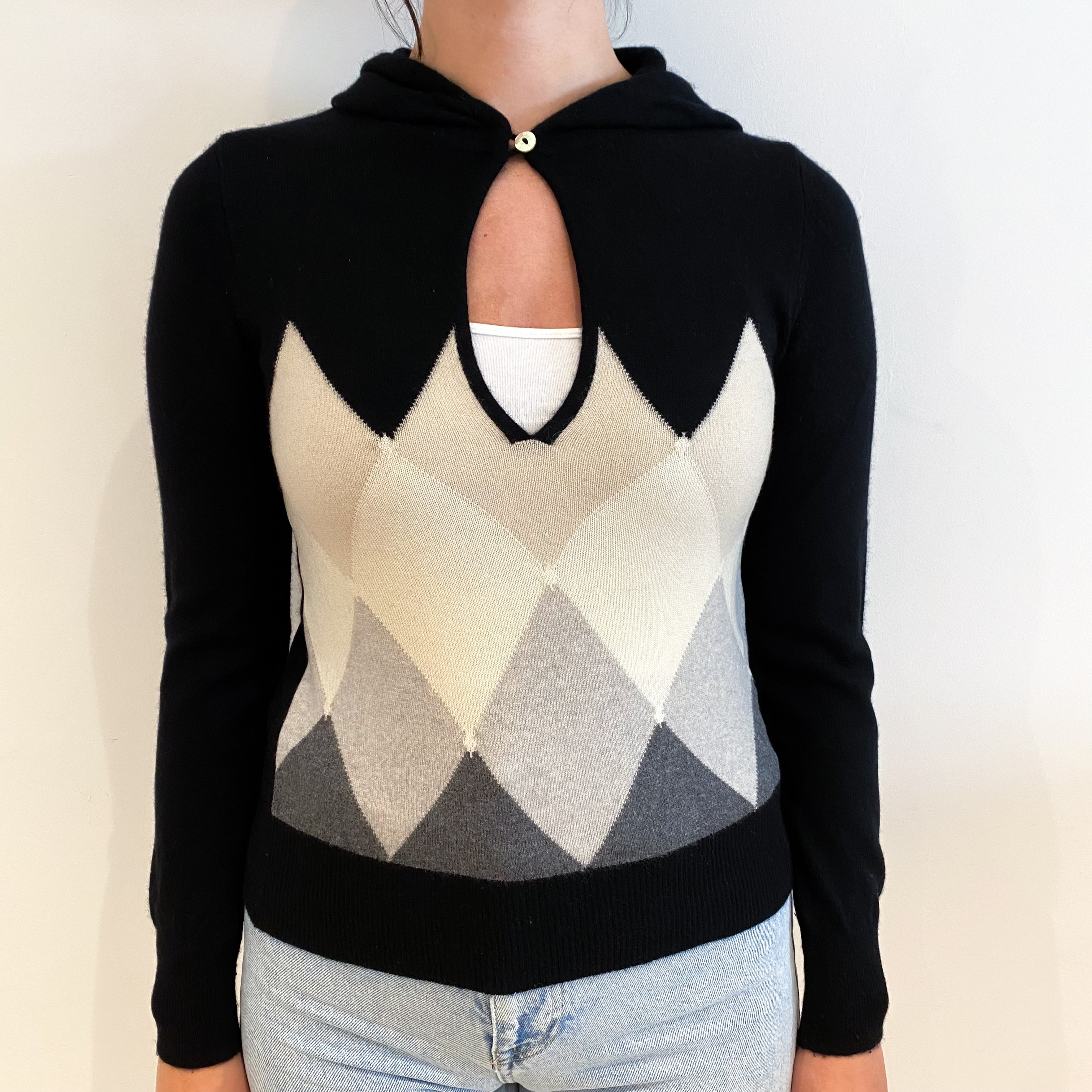 Black and Beige Cashmere Hoodie Jumper Small