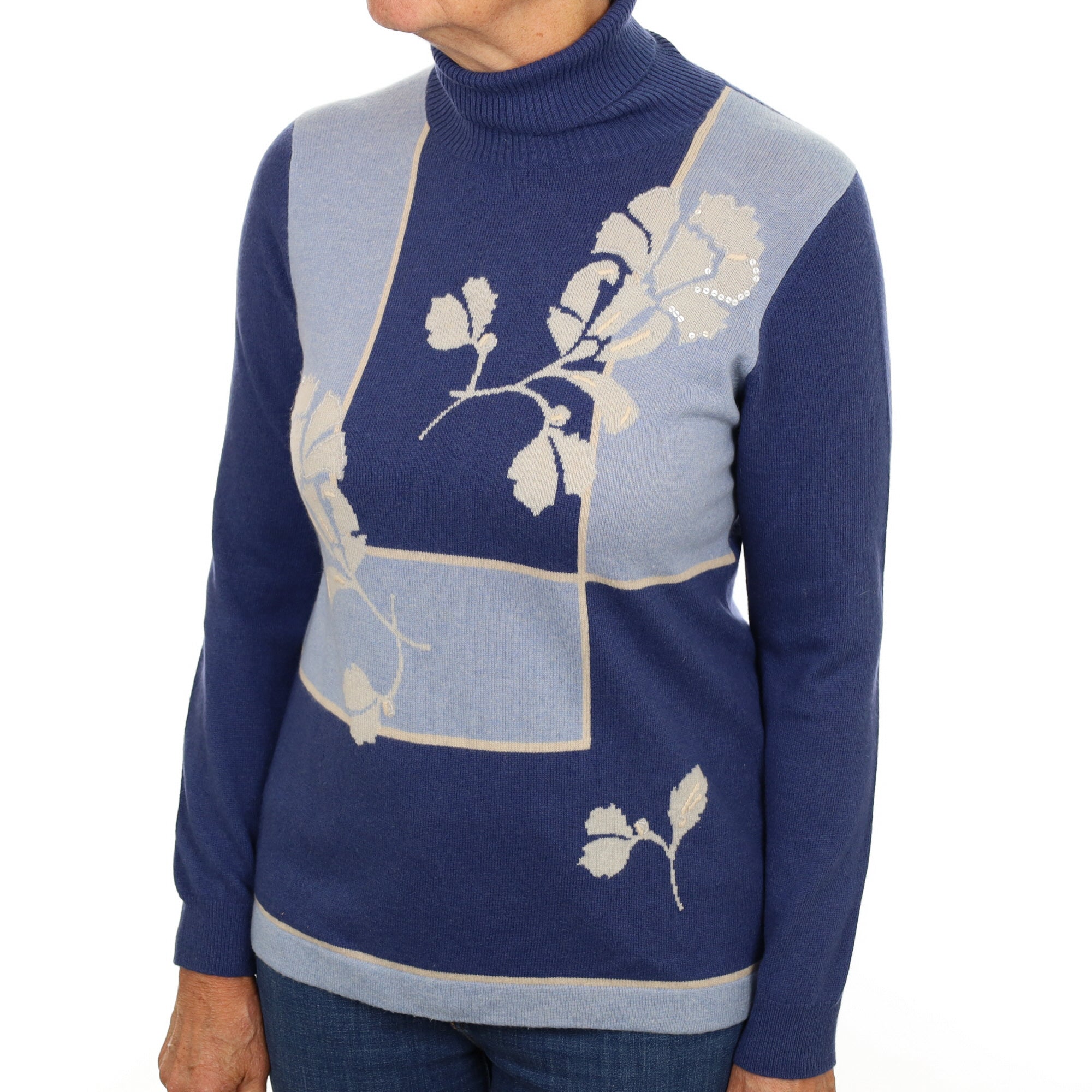 Blue Floral Block Cashmere Polo Neck Jumper Medium