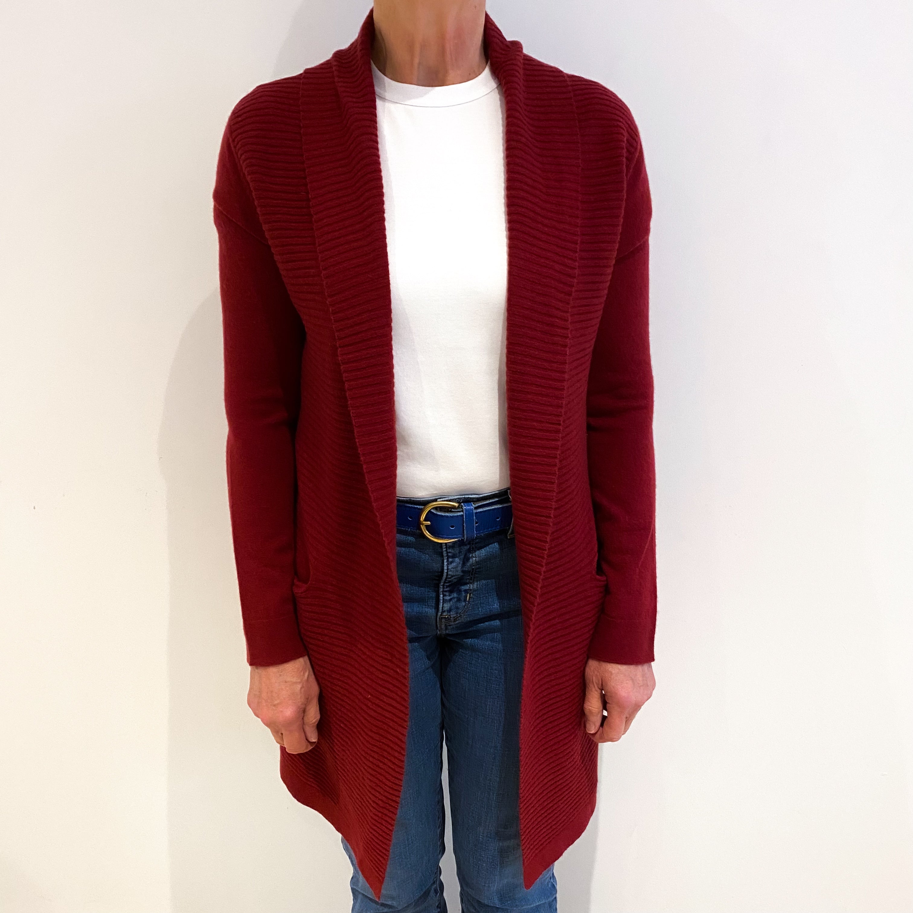 Burgundy Red Cashmere Shawl Edge To Edge Cardigan With Pockets Medium