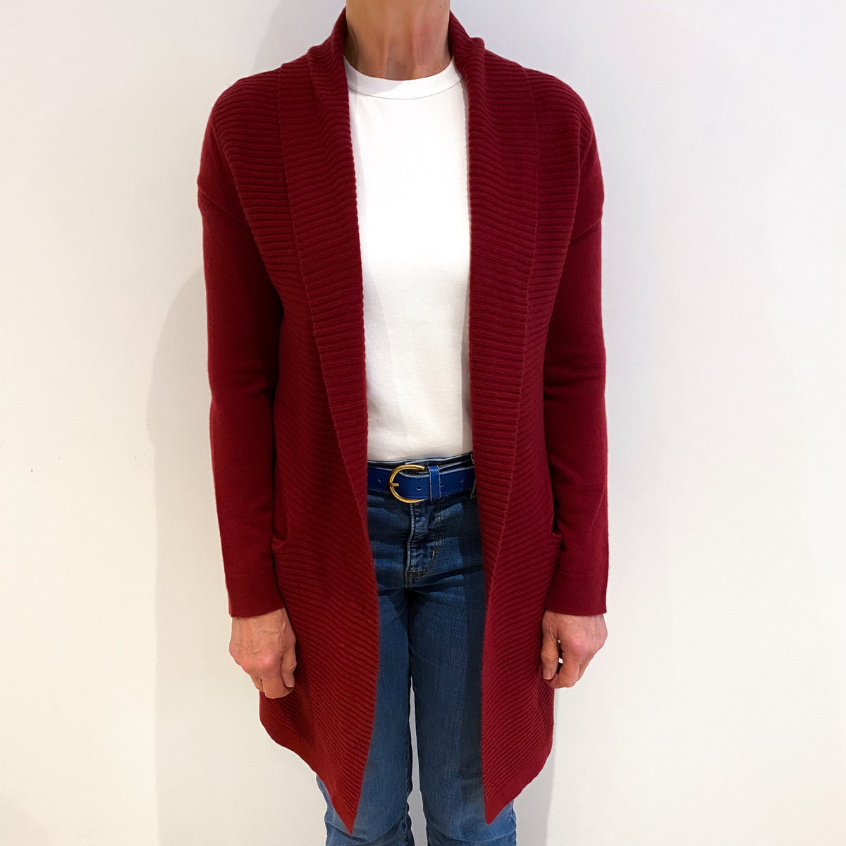 Burgundy Red Cashmere Shawl Edge To Edge Cardigan With Pockets Medium