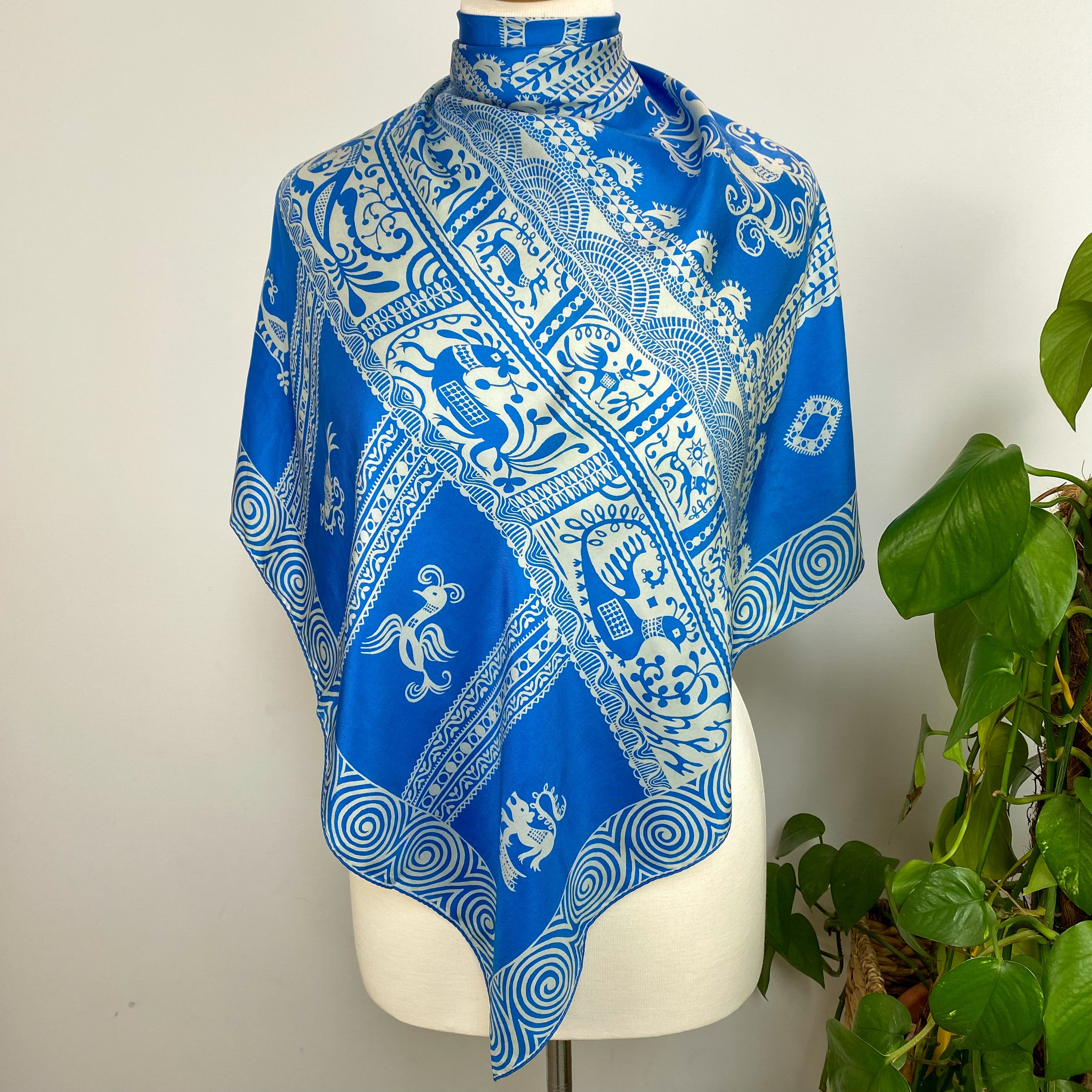 1960s Kreier Blue and Grey Vintage Silk Scarf