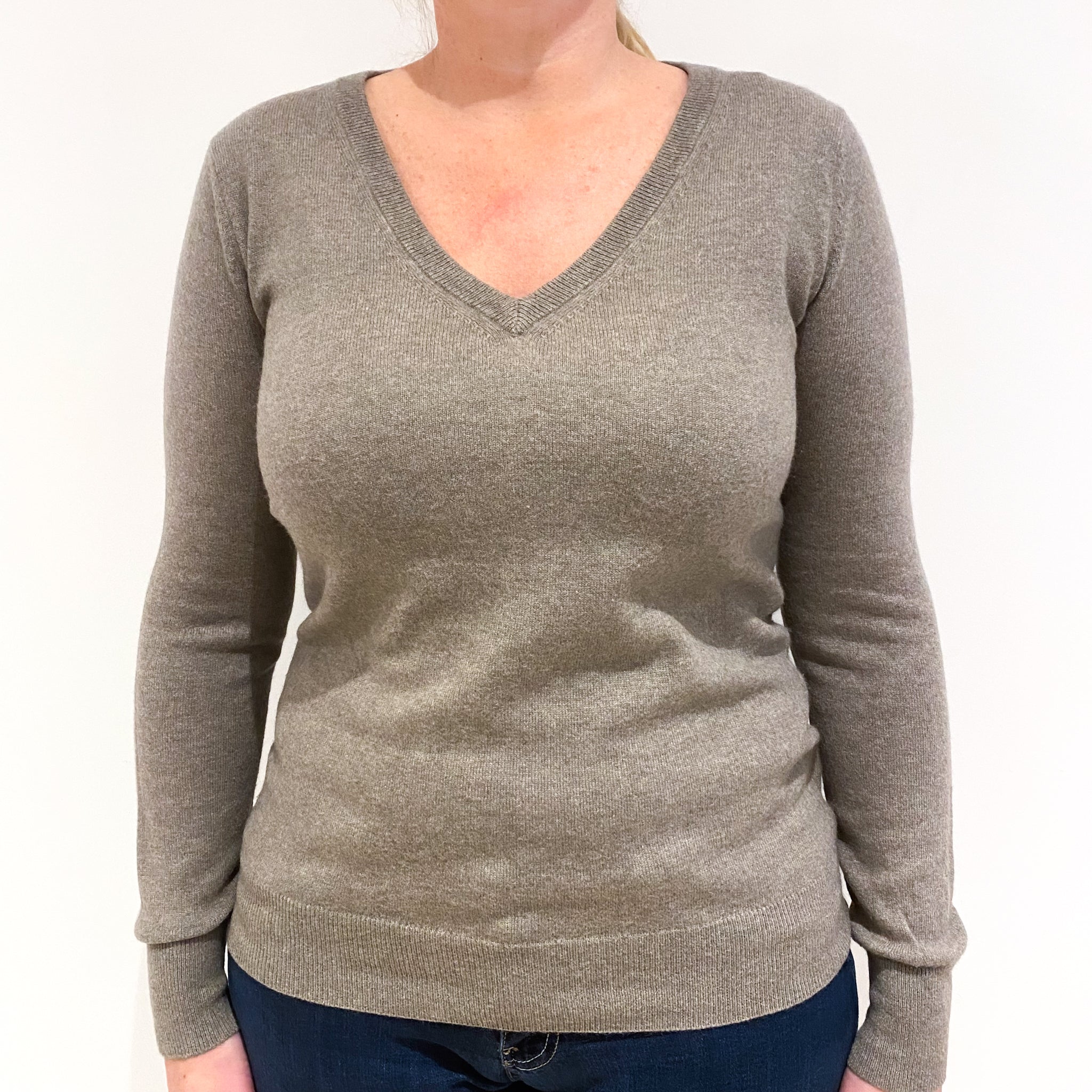 Taupe Brown Cashmere V-Neck Jumper Large