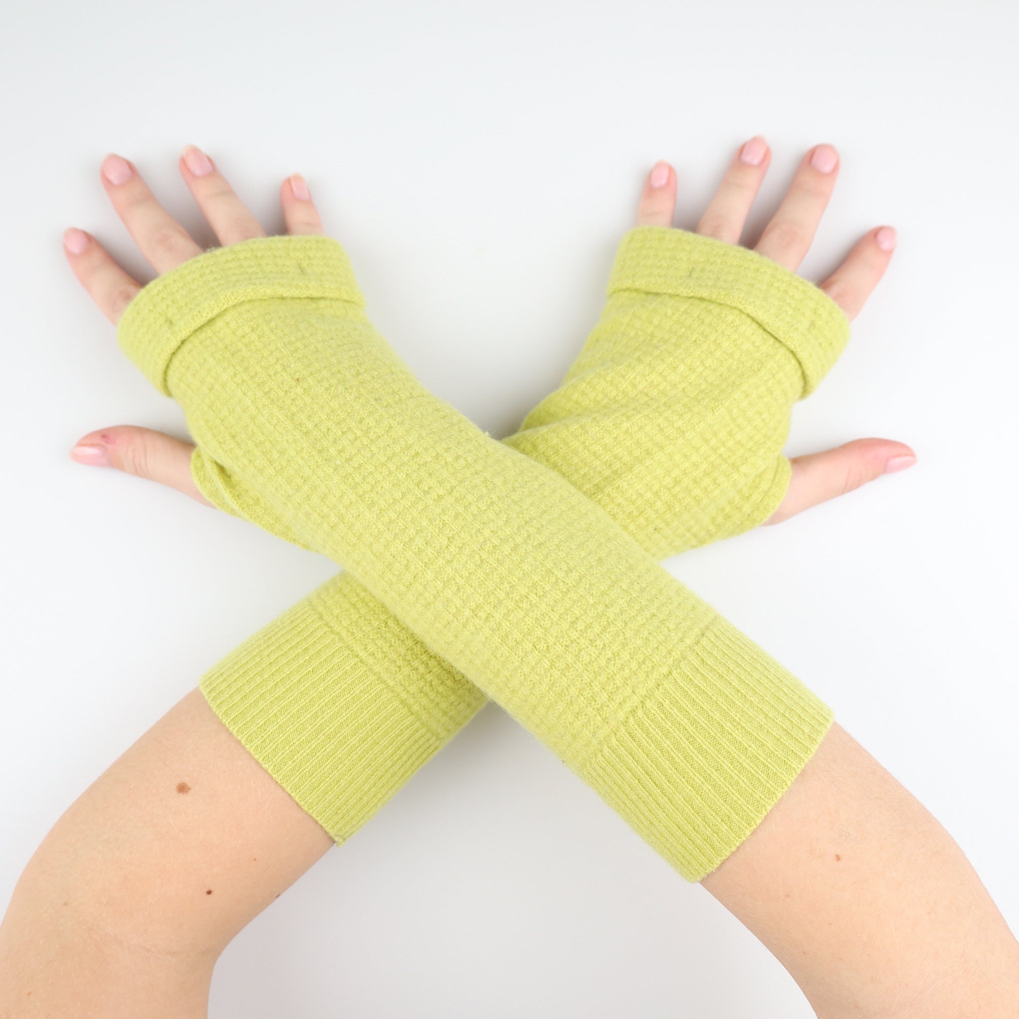 Lichen Green Waffle Knit Fingerless Gloves