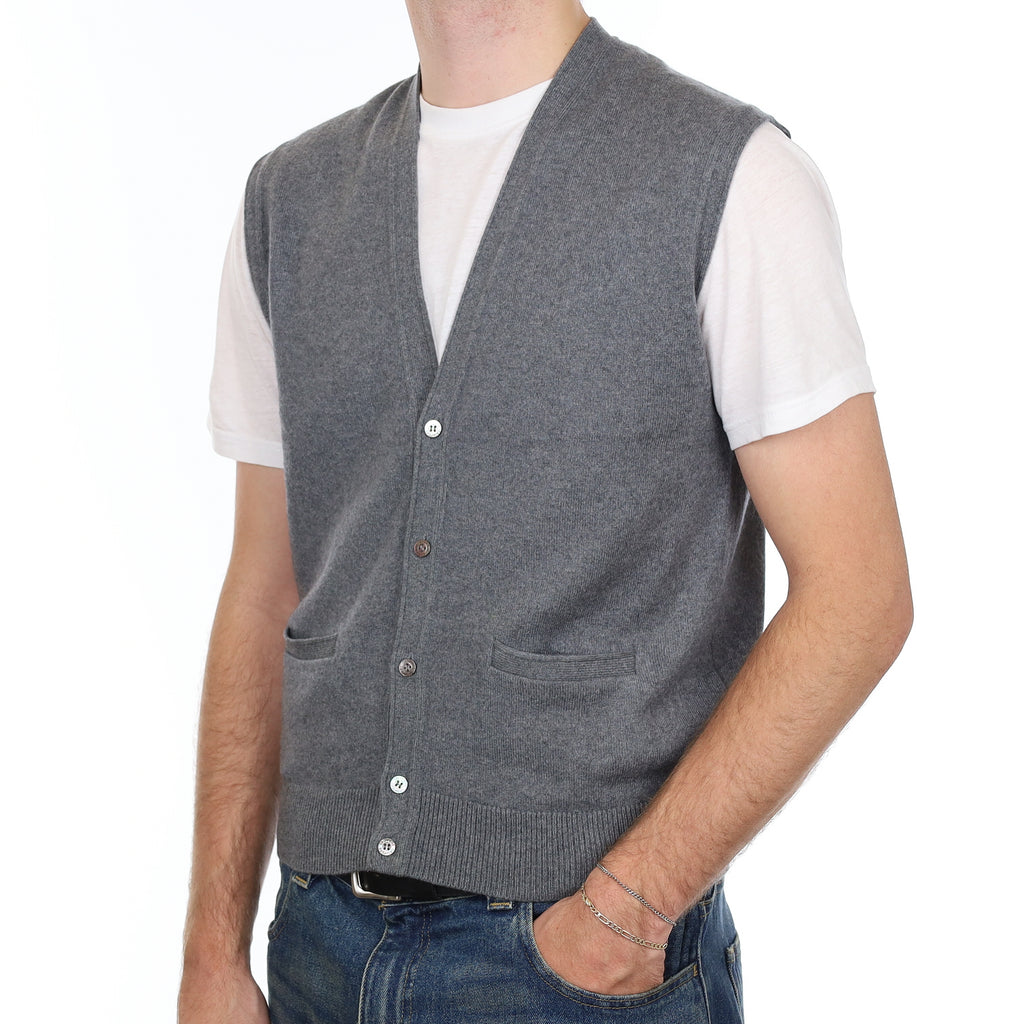 Men’s Ash Grey Cashmere V Neck Waistcoat with Pockets Medium