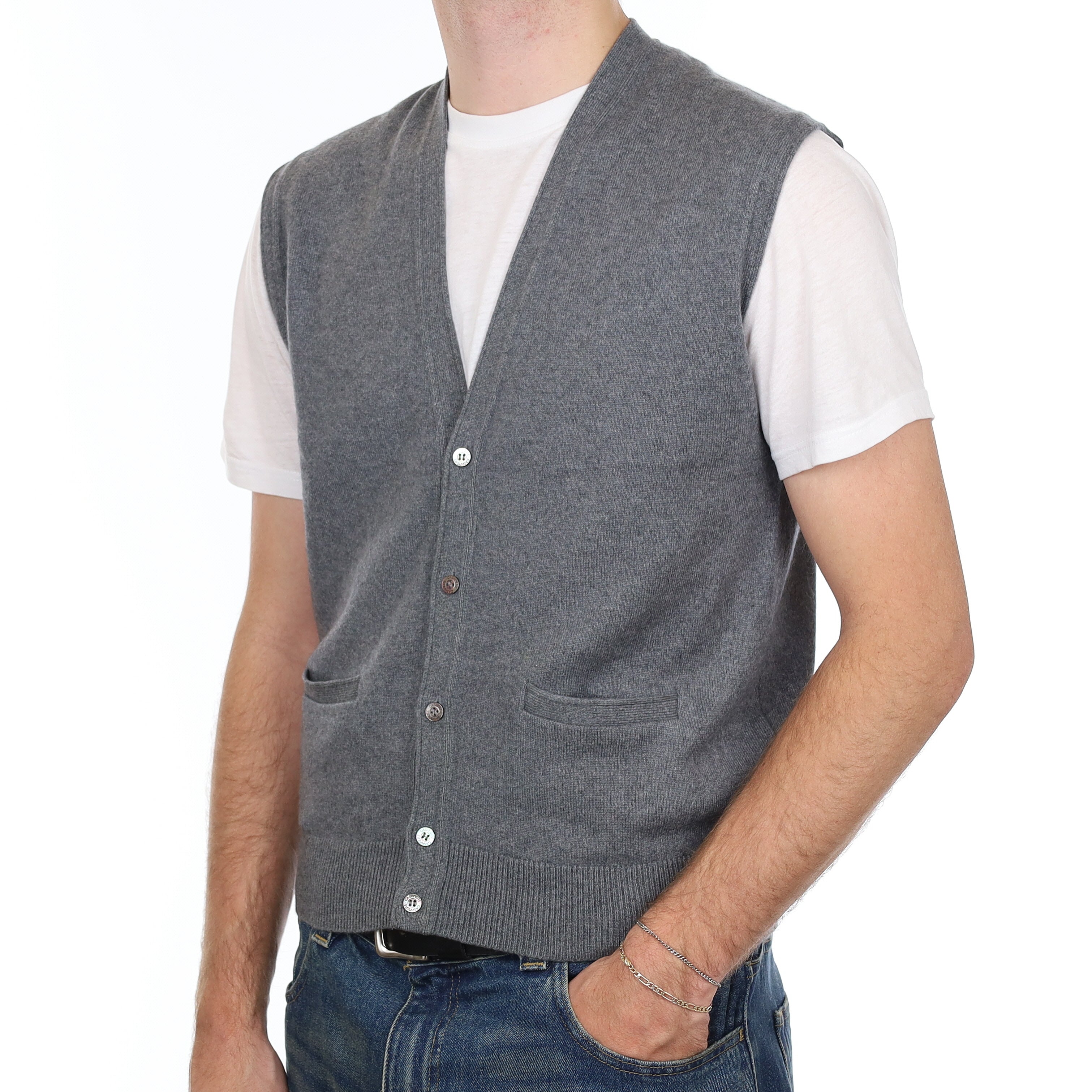 Men’s Ash Grey Cashmere V Neck Waistcoat with Pockets Medium