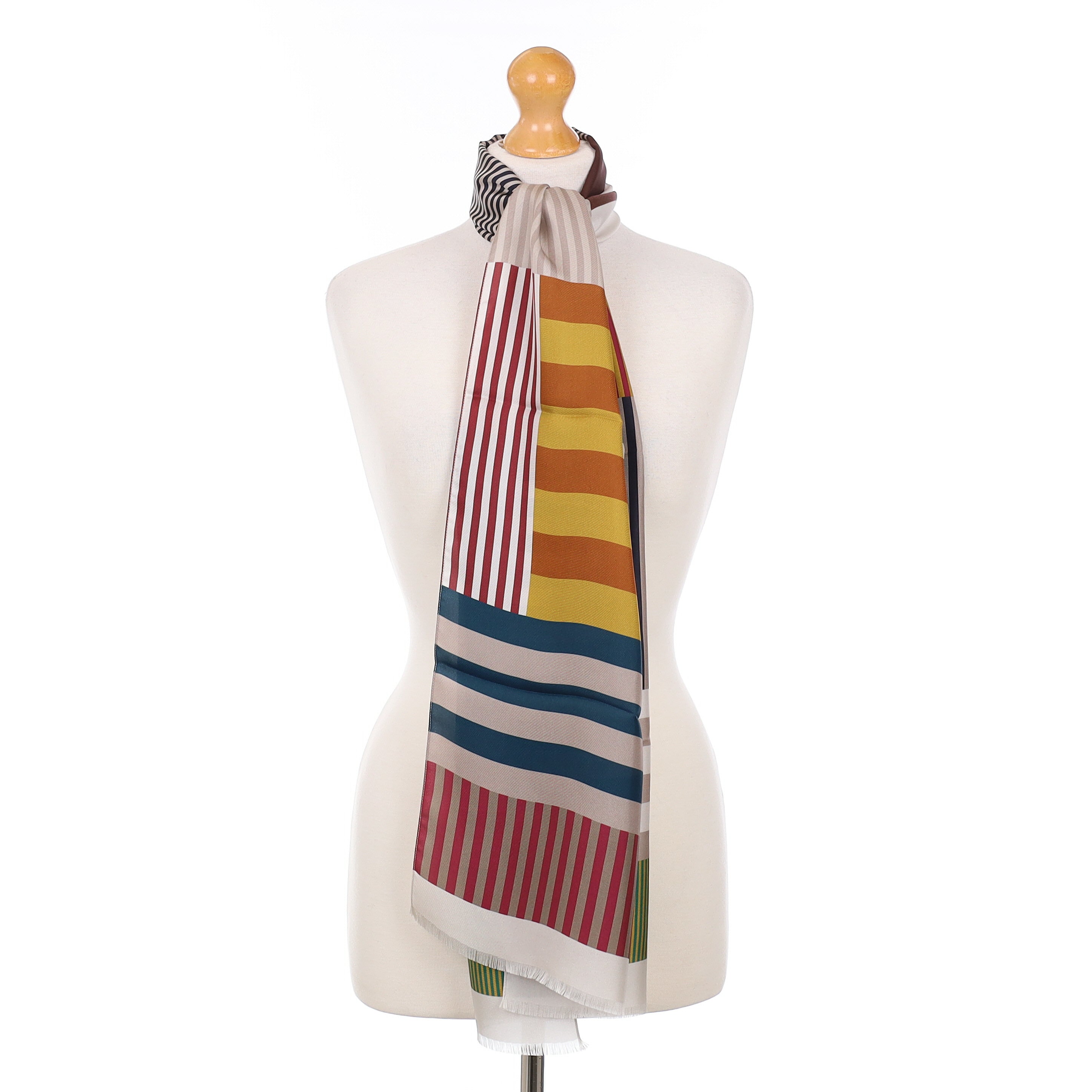 Brand New Italian Burgundy Striped Colour Block Silk Scarf