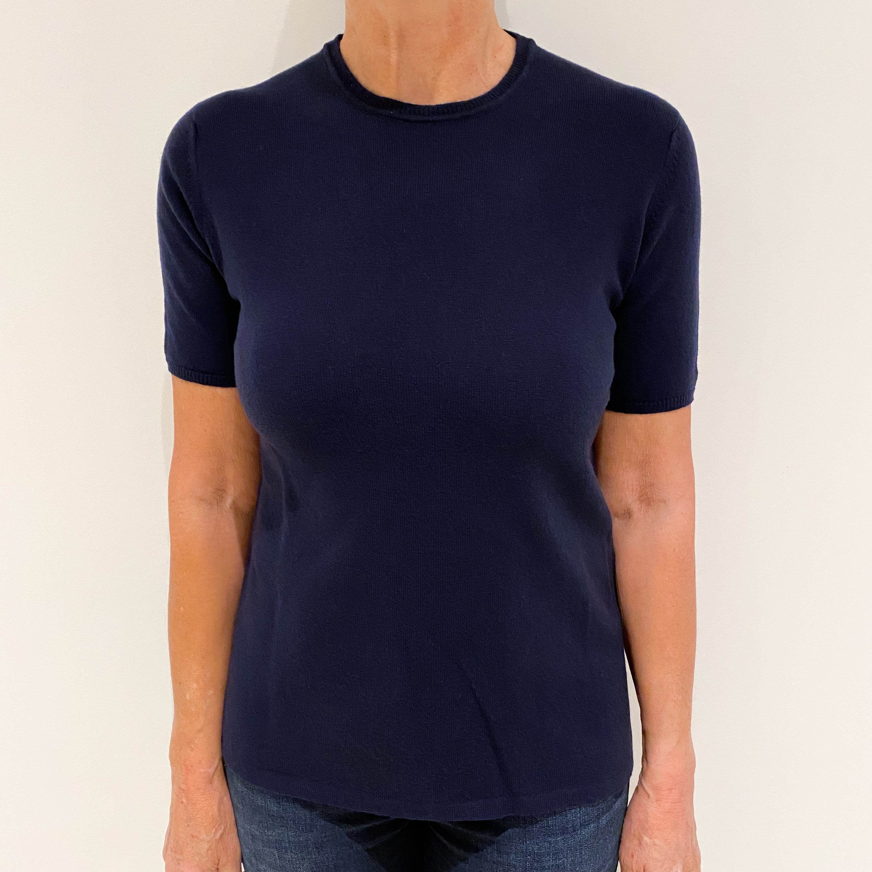 Brand New Scottish Navy Blue Short Sleeved Cashmere Crew Neck Jumper XS