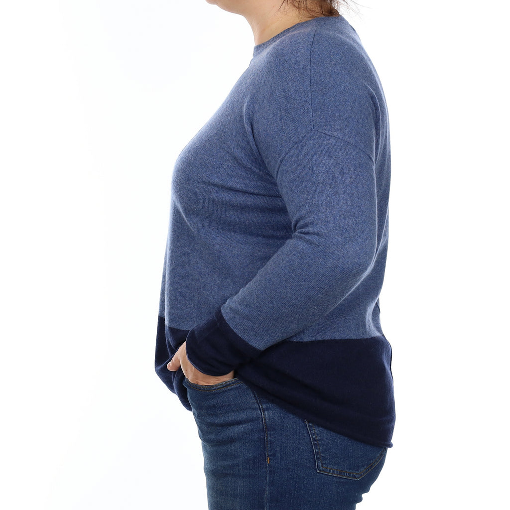 Denim Blue and Navy Cashmere Slouchy Crew Neck Jumper Large