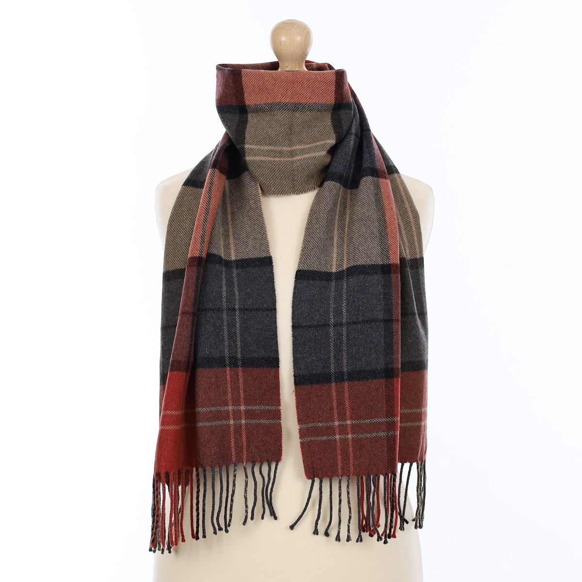 Brick Red and Grey Checkered Cashmere Woven Scarf