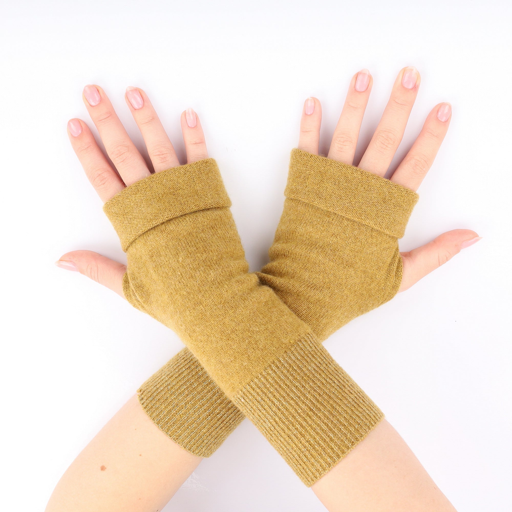 Flaxen Brown with Sparkle Trim Fingerless Gloves