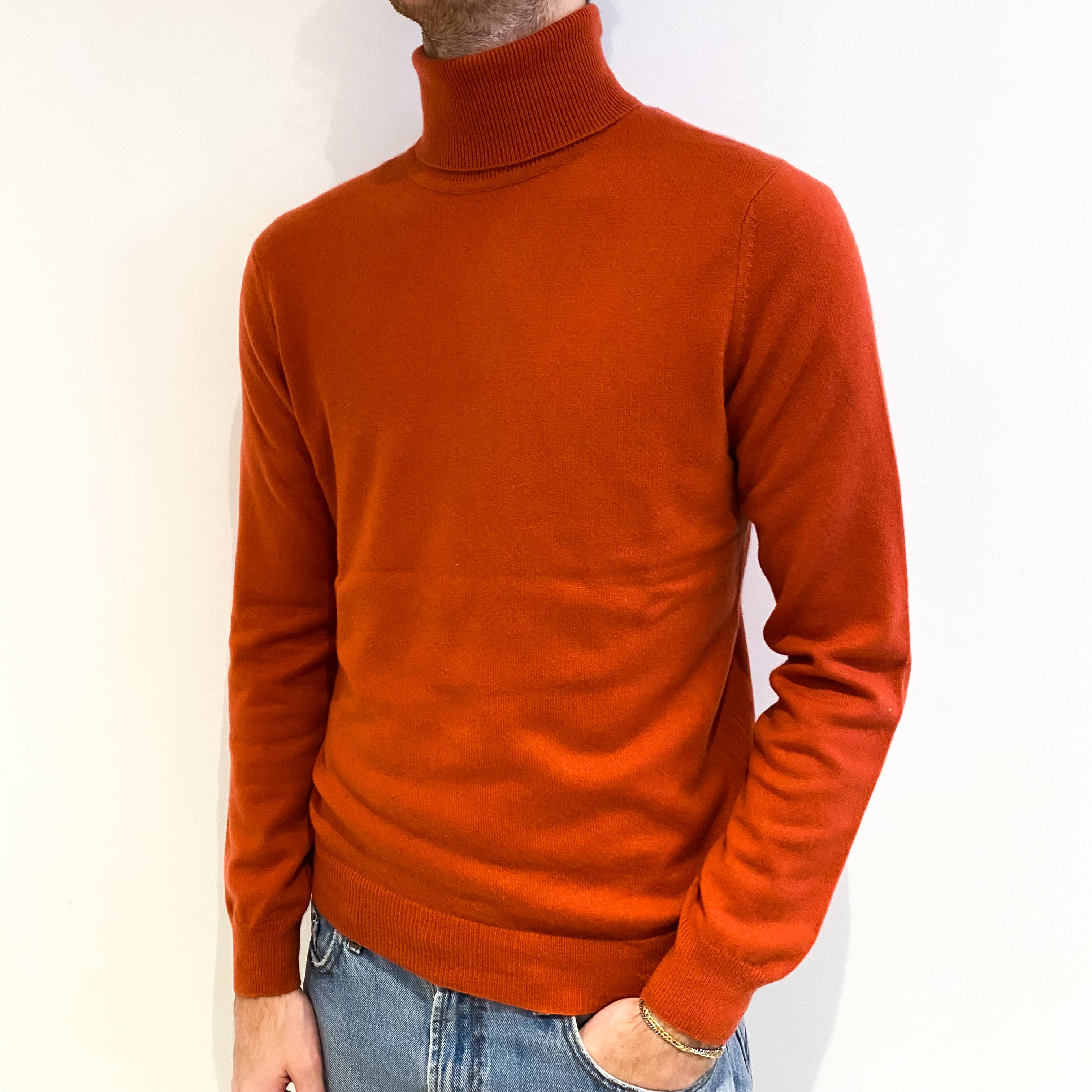 Men's Burnt Orange Cashmere Polo Neck Jumper Medium