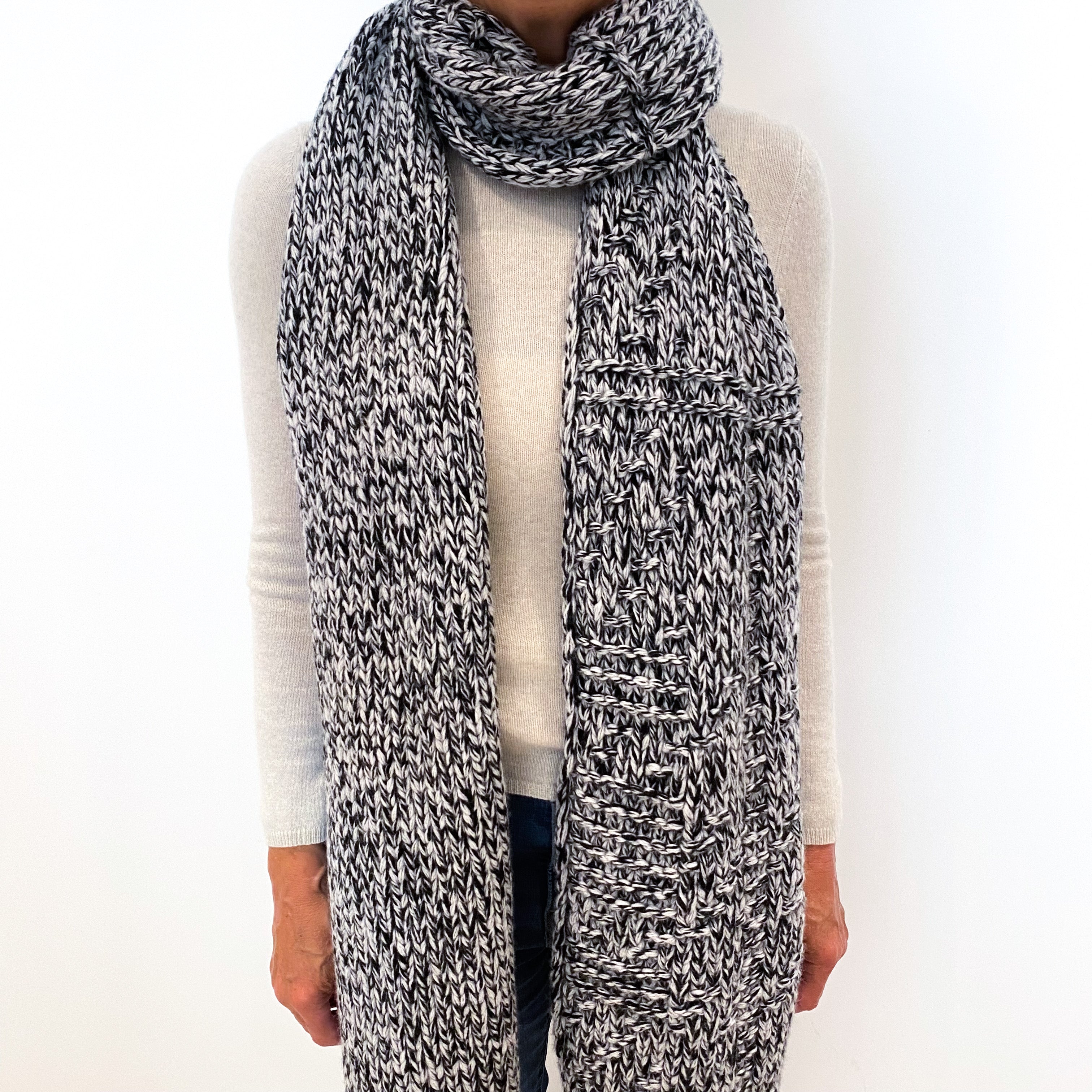 New Scottish Black and Frost Grey Marl Long Cashmere Scarf