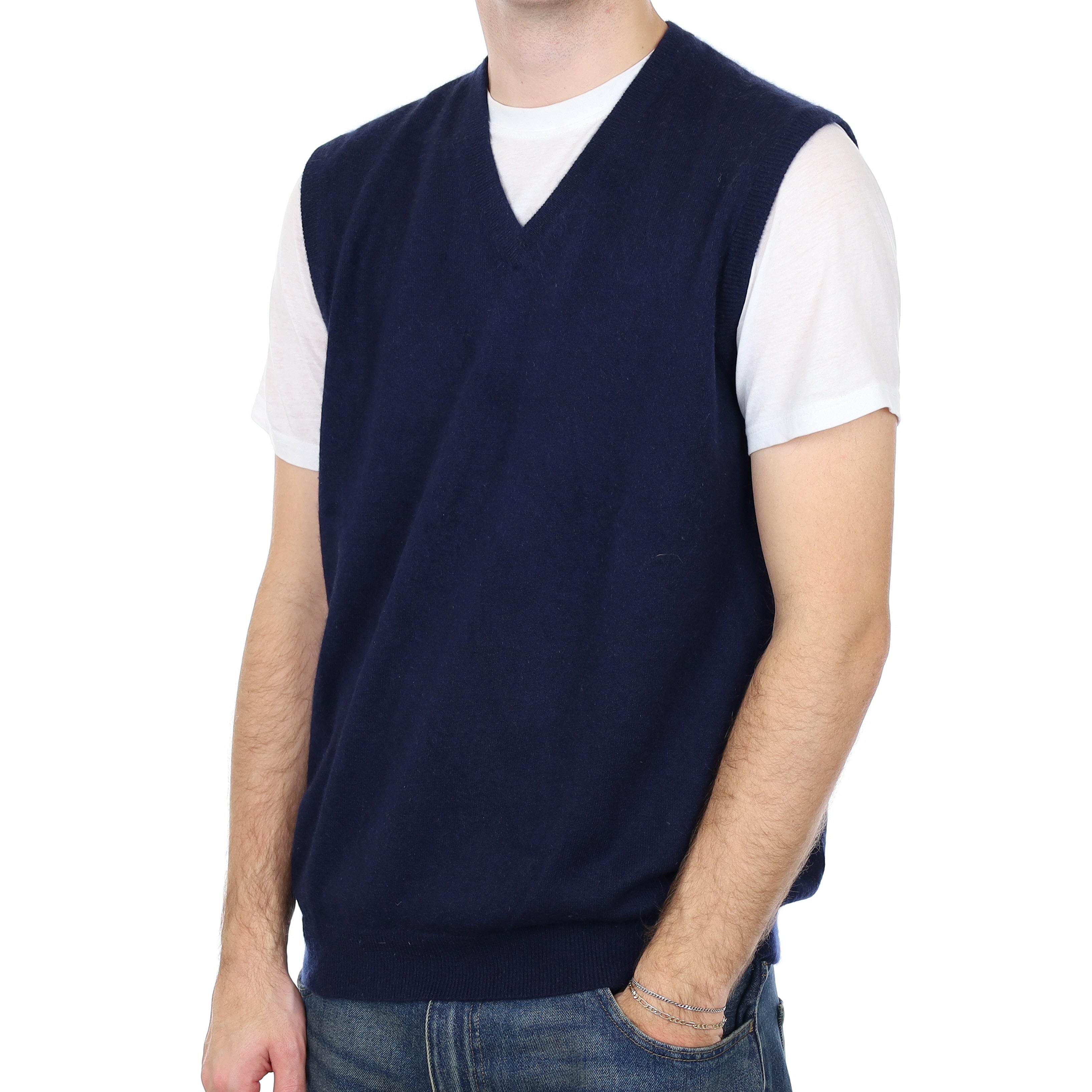 Men’s Navy Cashmere V Neck Tank Top Large