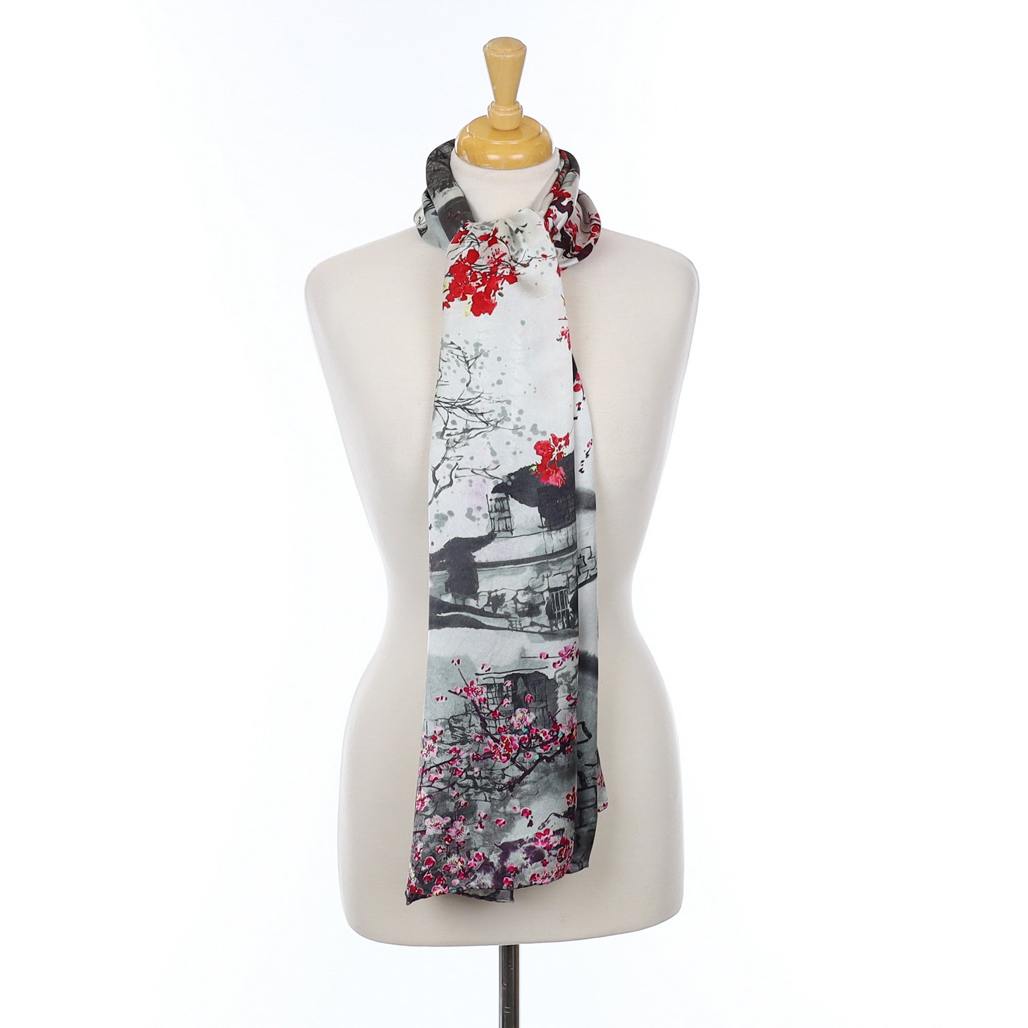 Pink Blossom Tree Monochrome Silk Scarf
