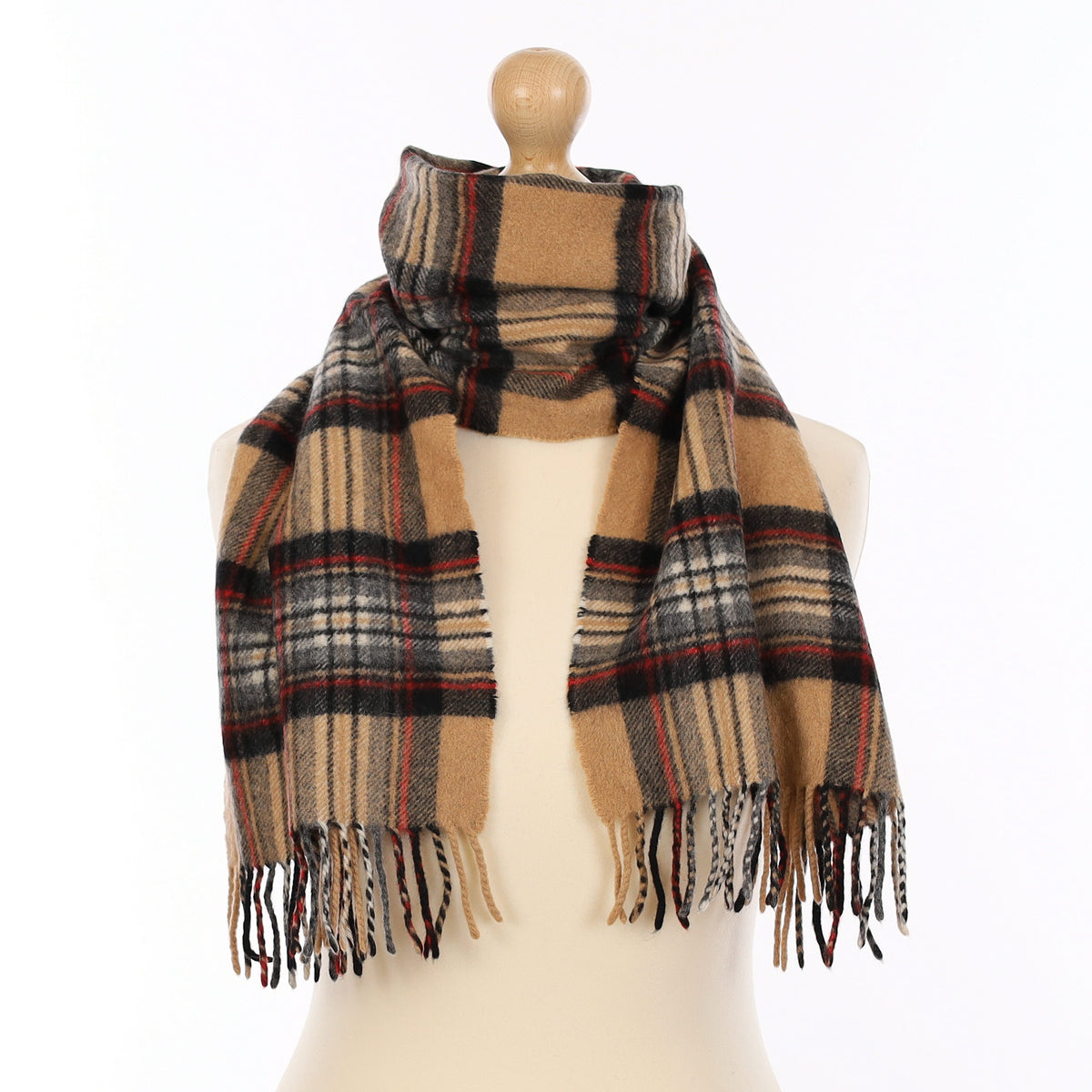 Scottish Camel and Grey Plaid Cashmere Woven Scarf
