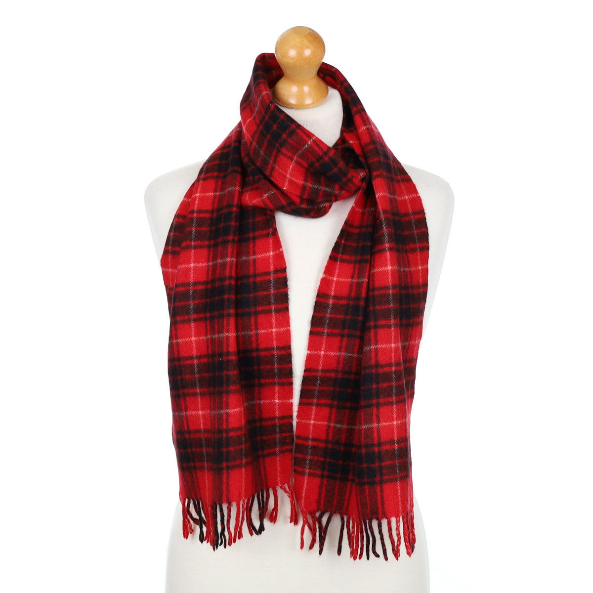Red and Black Checked Fringed Cashmere Woven Scarf