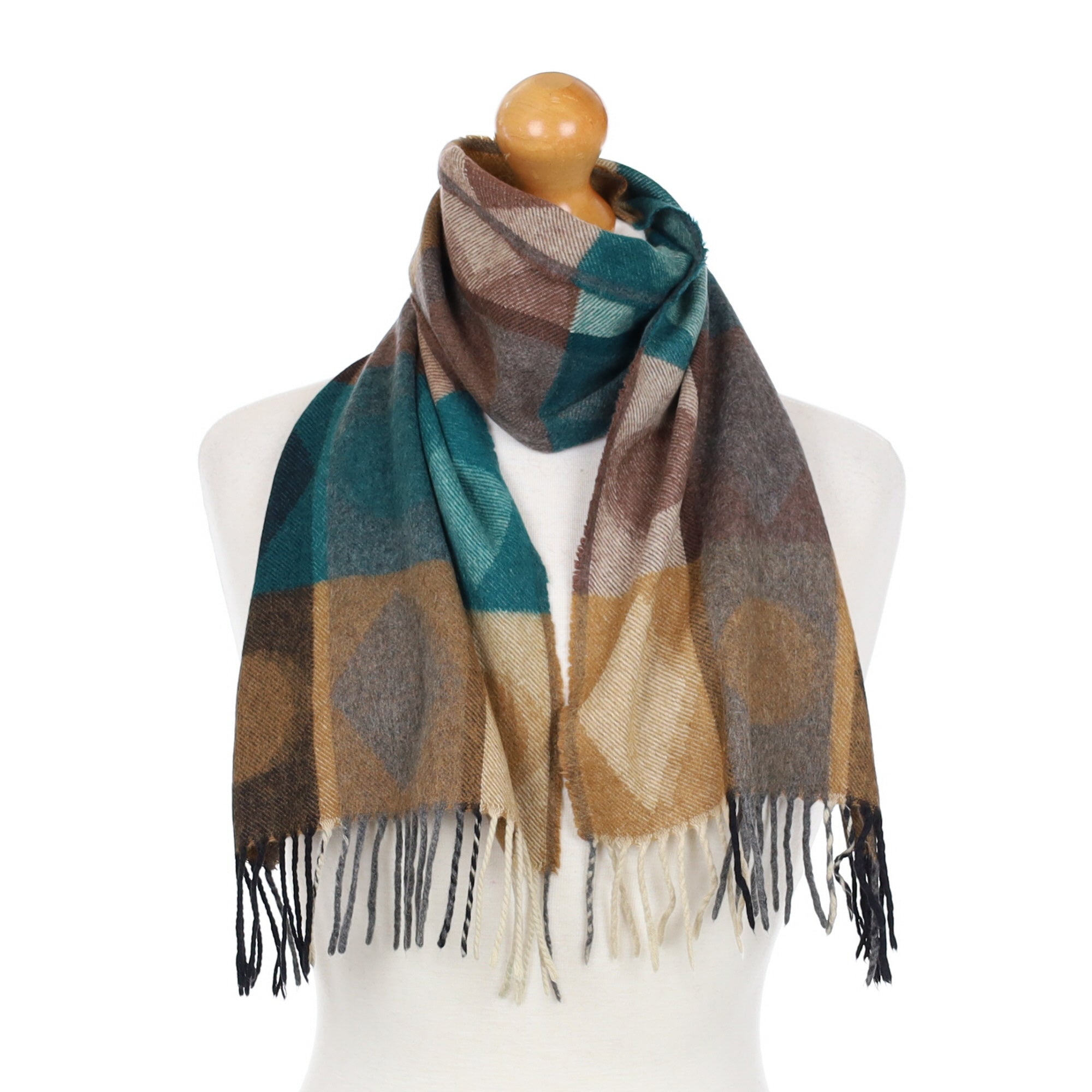 Sea Green and Toffee Patterned Cashmere Fringed Woven Scarf