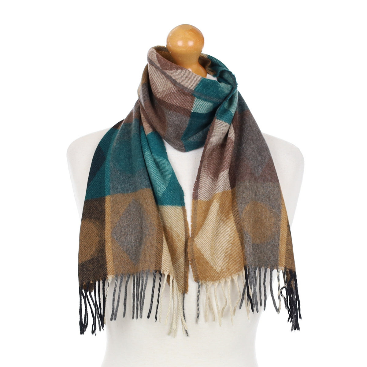 Sea Green and Toffee Patterned Cashmere Fringed Woven Scarf