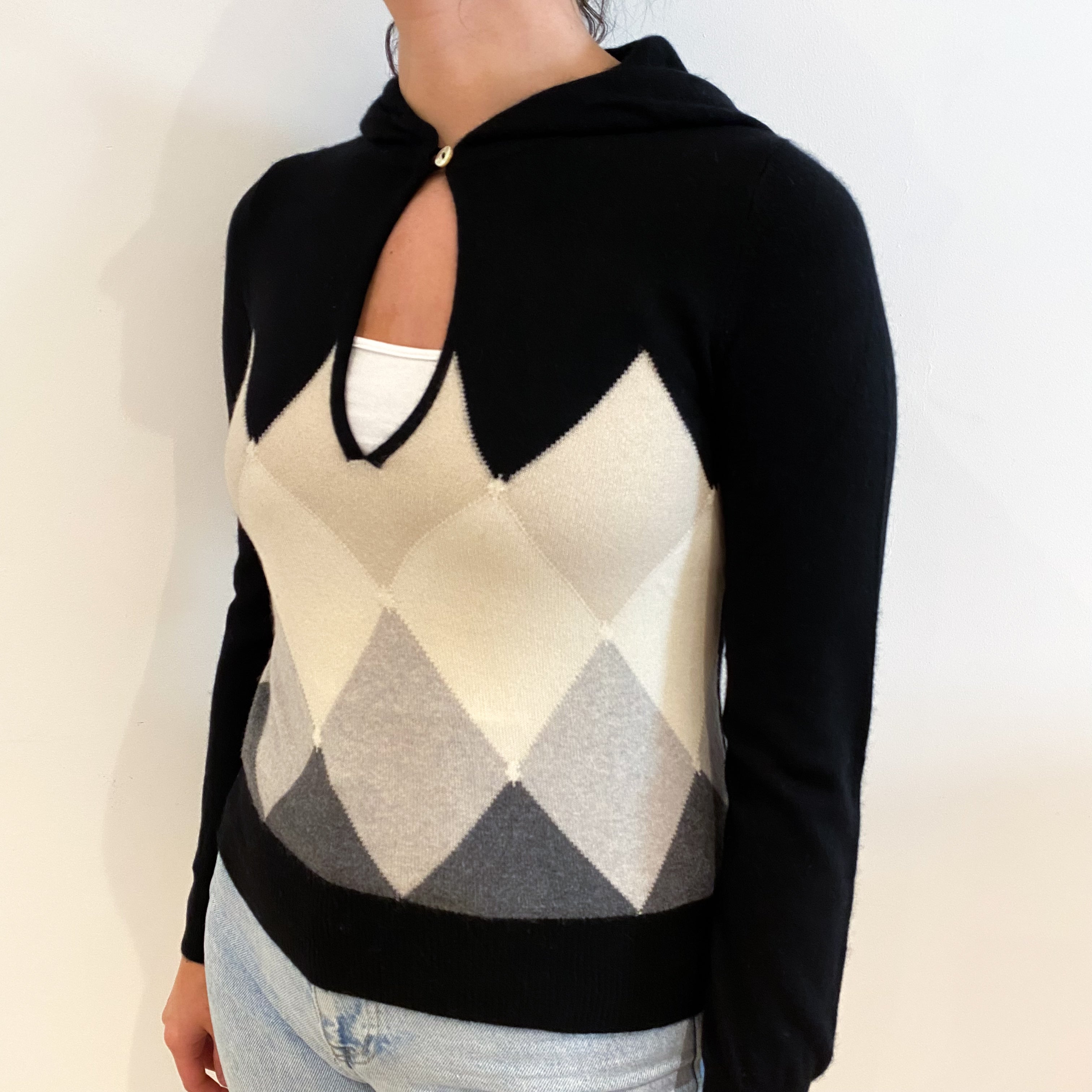 Black and Beige Cashmere Hoodie Jumper Small