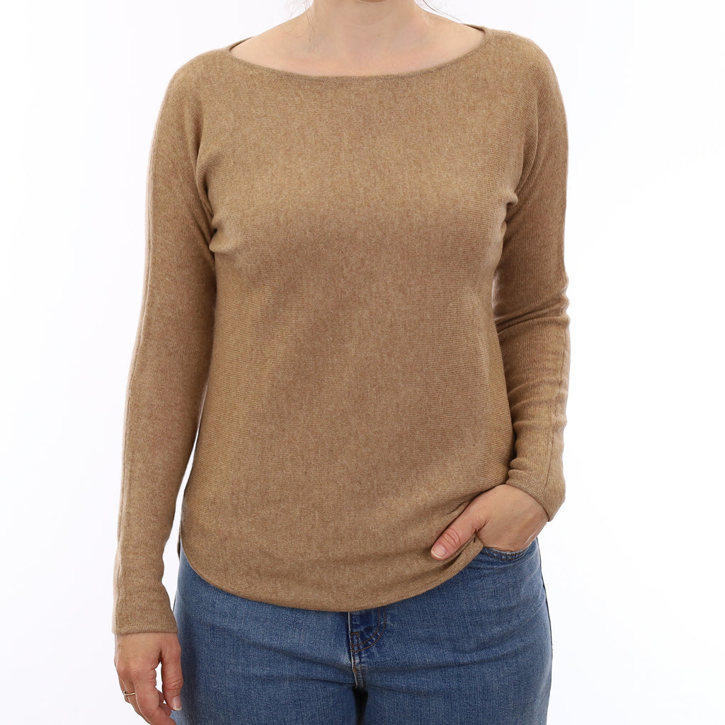 Fudge Brown Cashmere Batwing Slash Neck Jumper Small