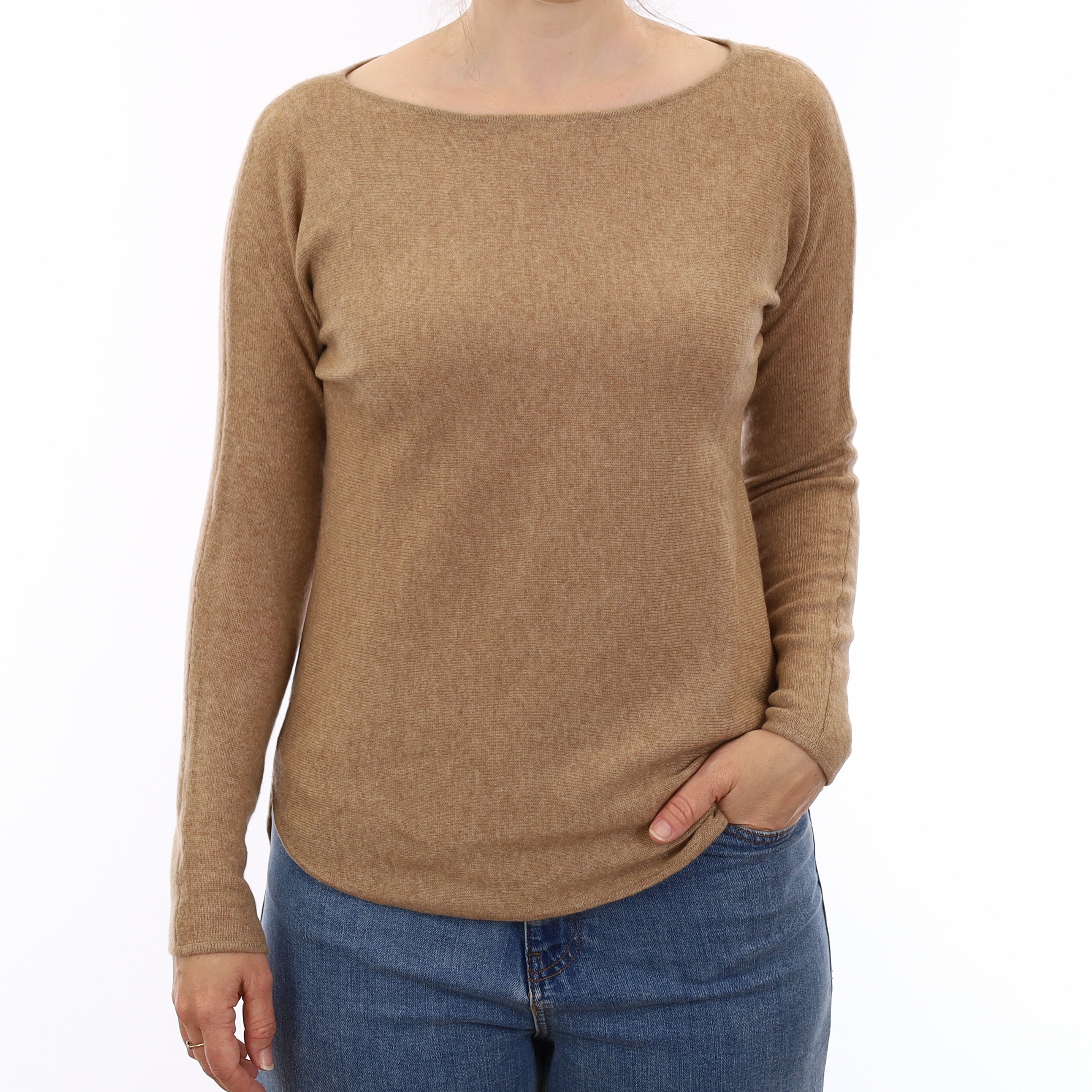 Fudge Brown Cashmere Batwing Slash Neck Jumper Small