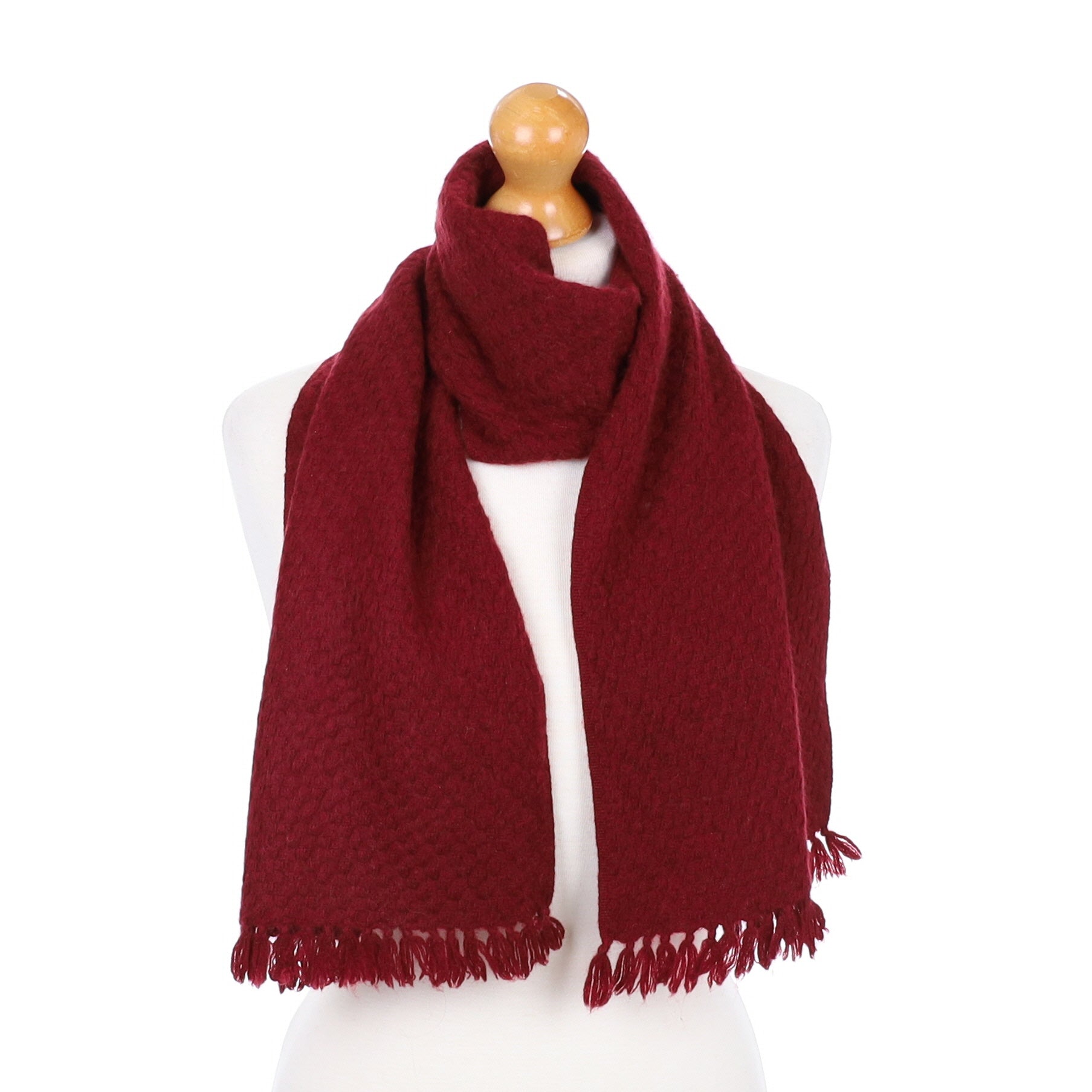 Burgundy Textured Fringed Cashmere Woven Scarf