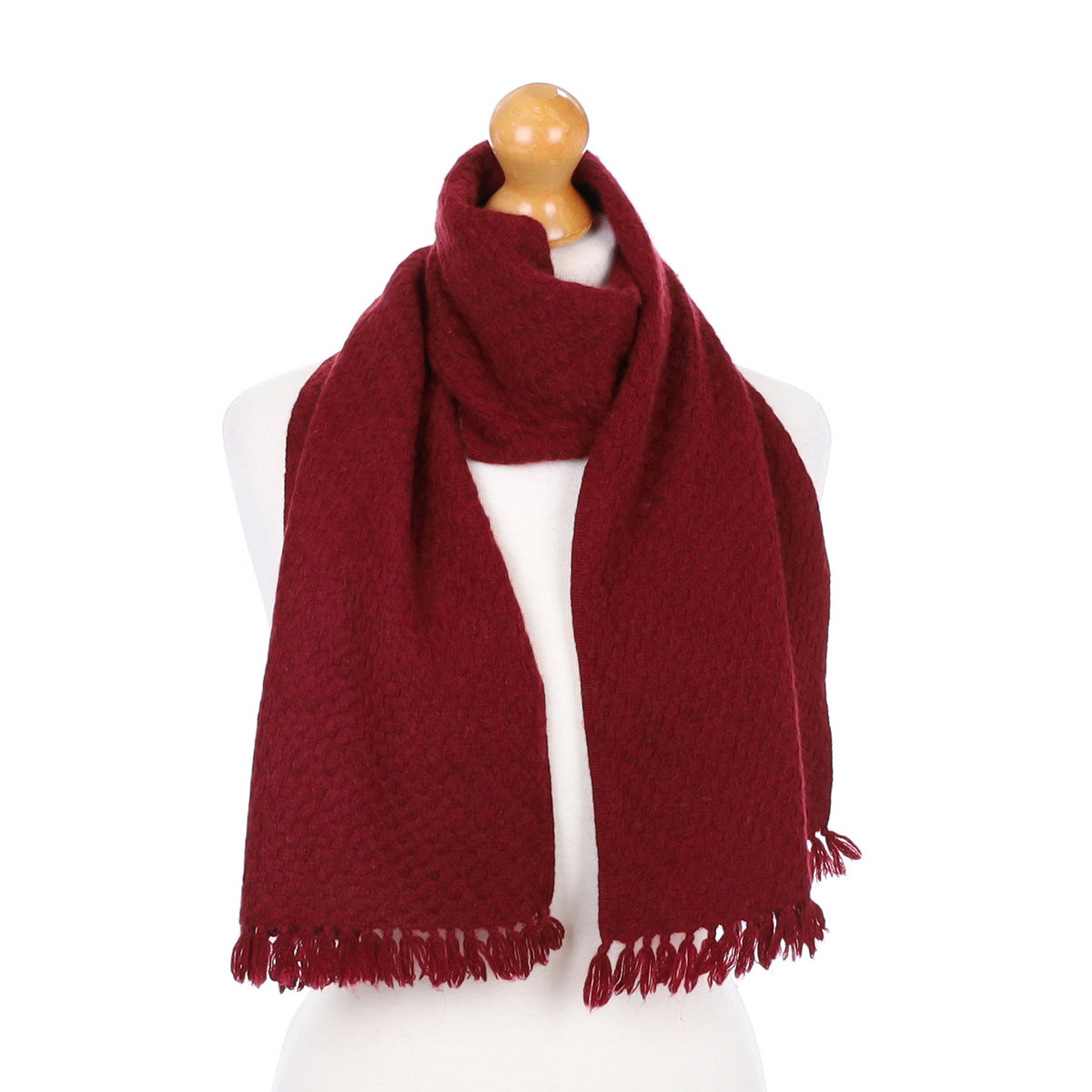 Burgundy Textured Fringed Cashmere Woven Scarf