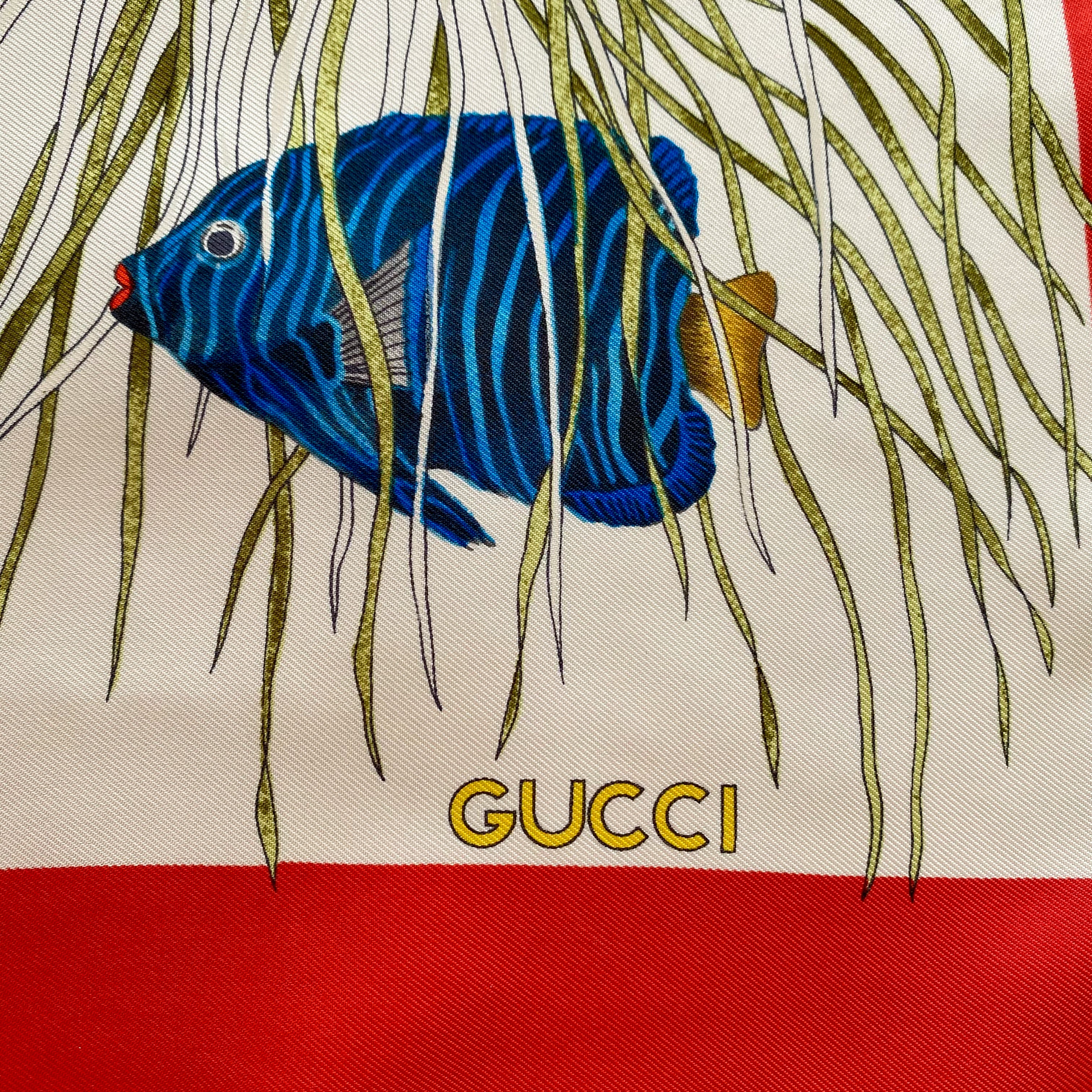 1970s Gucci Fish Designer Silk Scarf