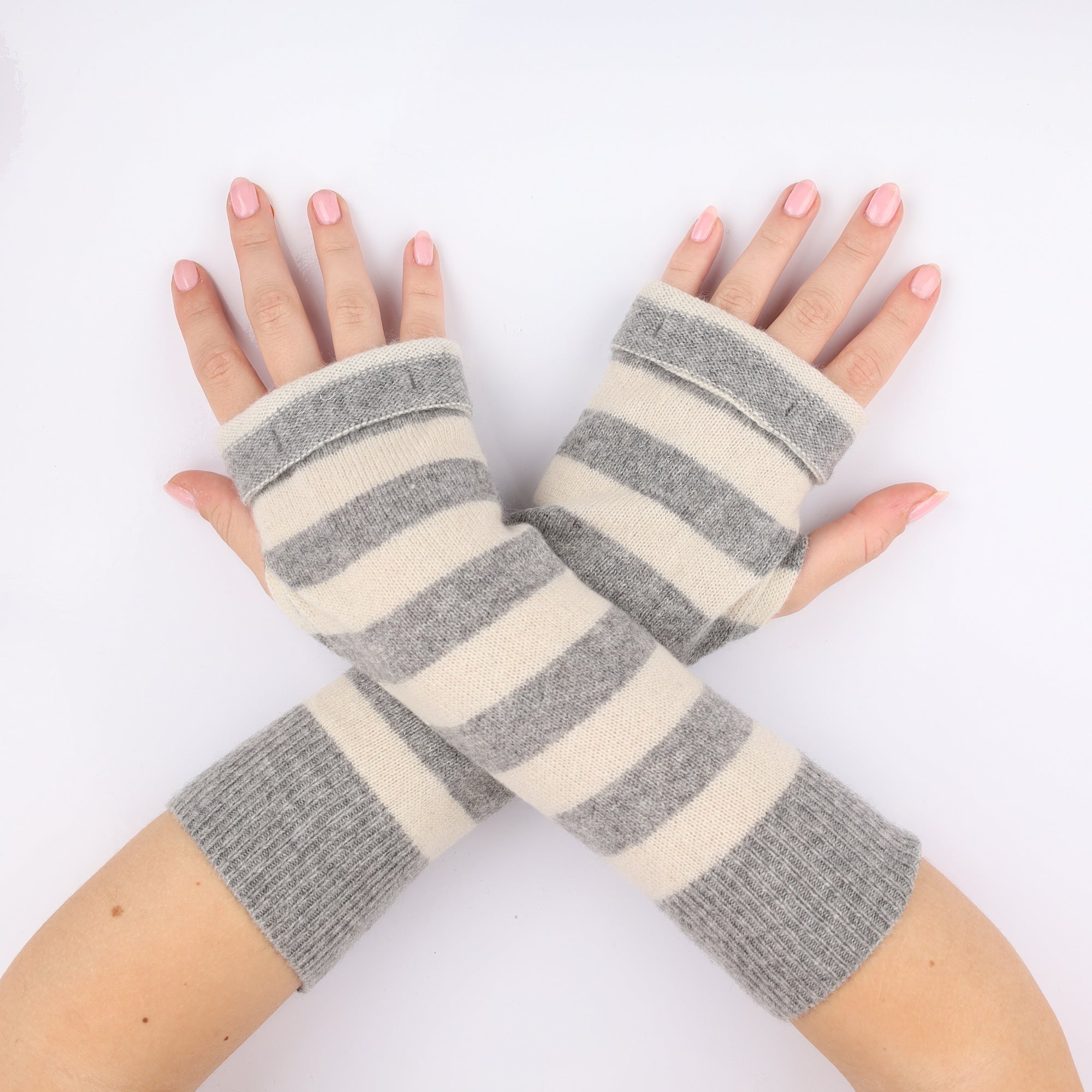 Grey and Ivory Striped Fingerless Gloves